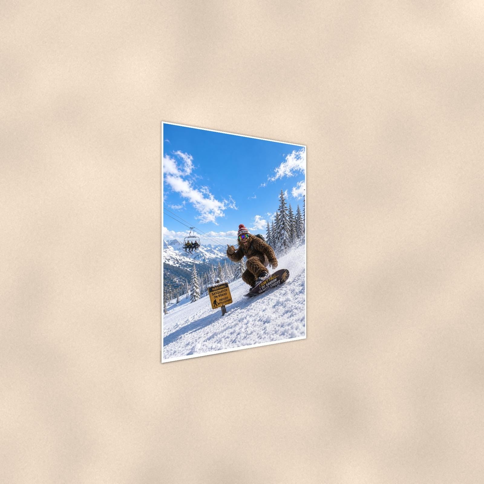 Snowboard Bigfoot — 24x36 in art print poster, premium luster paper with a white border; steeper three-quarter angle on a warm wall, catching the luster sheen.