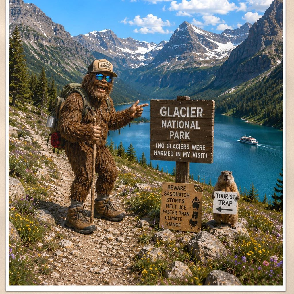 Glacier Bigfoot — 24x36 in art print poster, premium luster paper with a white border; close-up framed on the main subject of the artwork, paper surface visible.