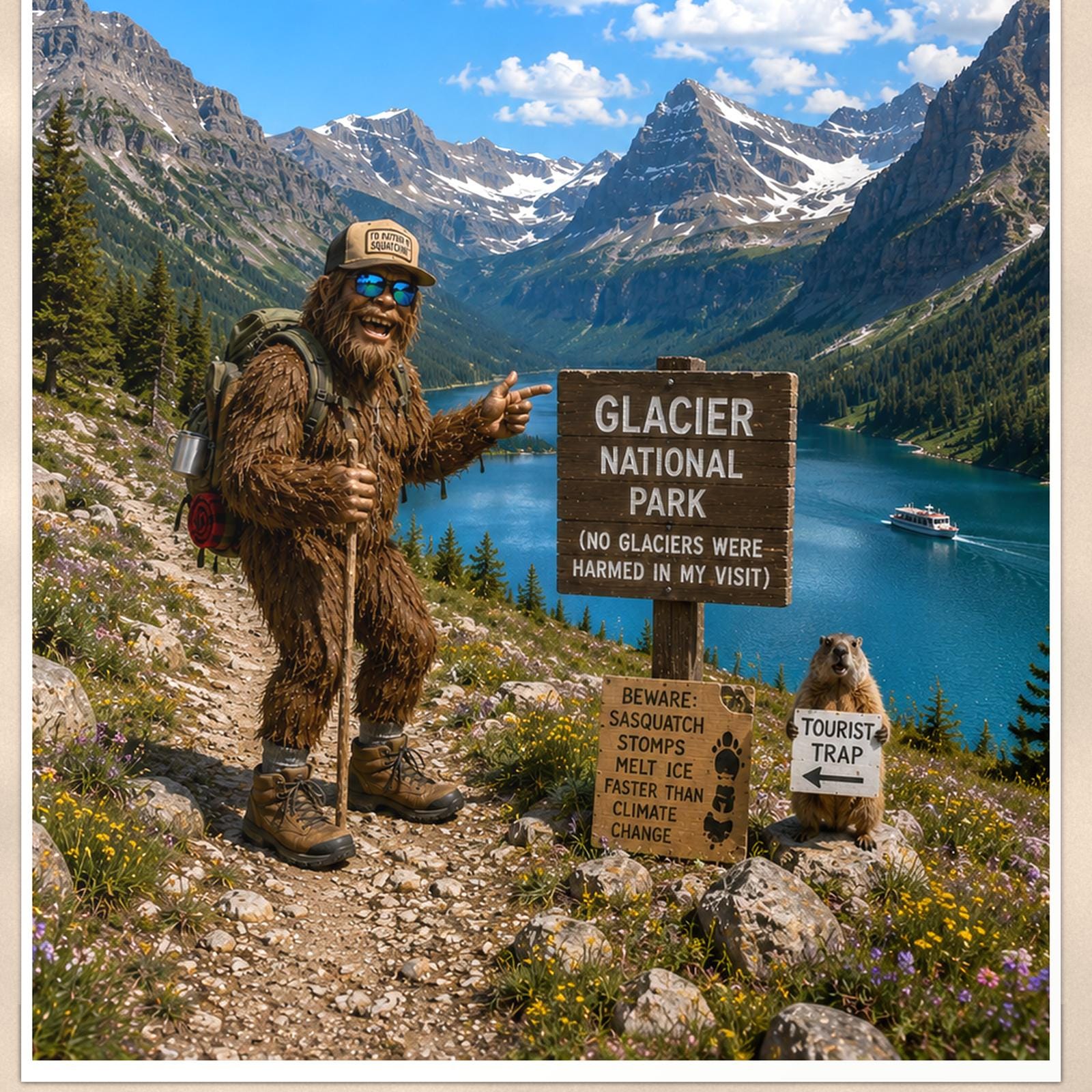 Glacier Bigfoot — 24x36 in art print poster, premium luster paper with a white border; close-up framed on the main subject of the artwork, paper surface visible.
