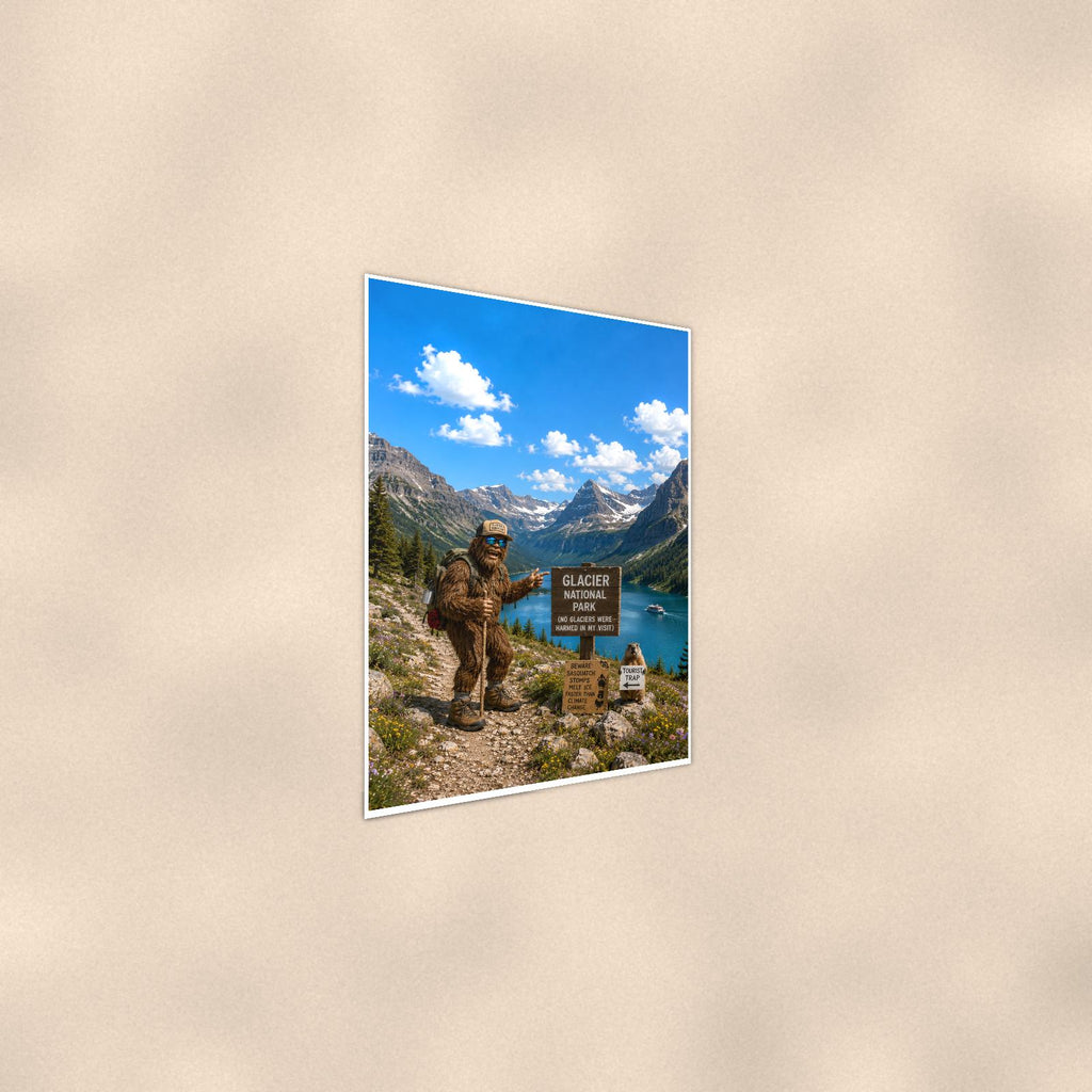 Glacier Bigfoot — 24x36 in art print poster, premium luster paper with a white border; steeper three-quarter angle on a warm wall, catching the luster sheen.
