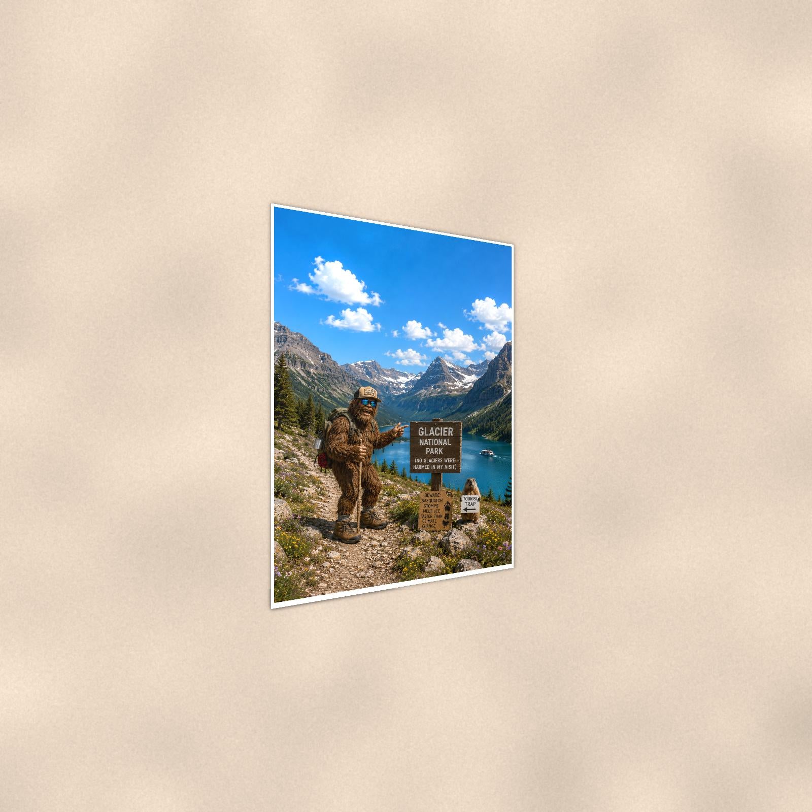 Glacier Bigfoot — 24x36 in art print poster, premium luster paper with a white border; steeper three-quarter angle on a warm wall, catching the luster sheen.
