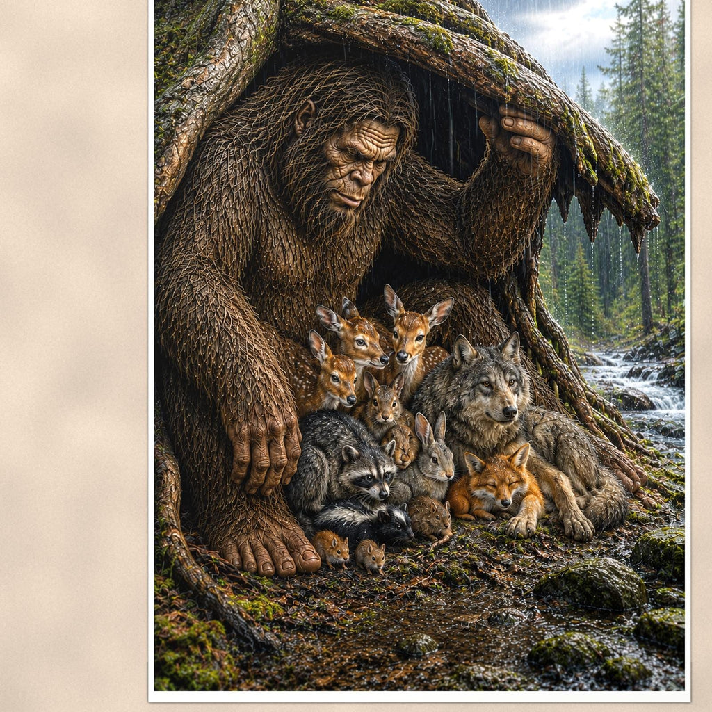 Forest Friends Bigfoot — 24x36 in art print poster, premium luster paper with a white border; close-up framed on the main subject of the artwork, paper surface visible.