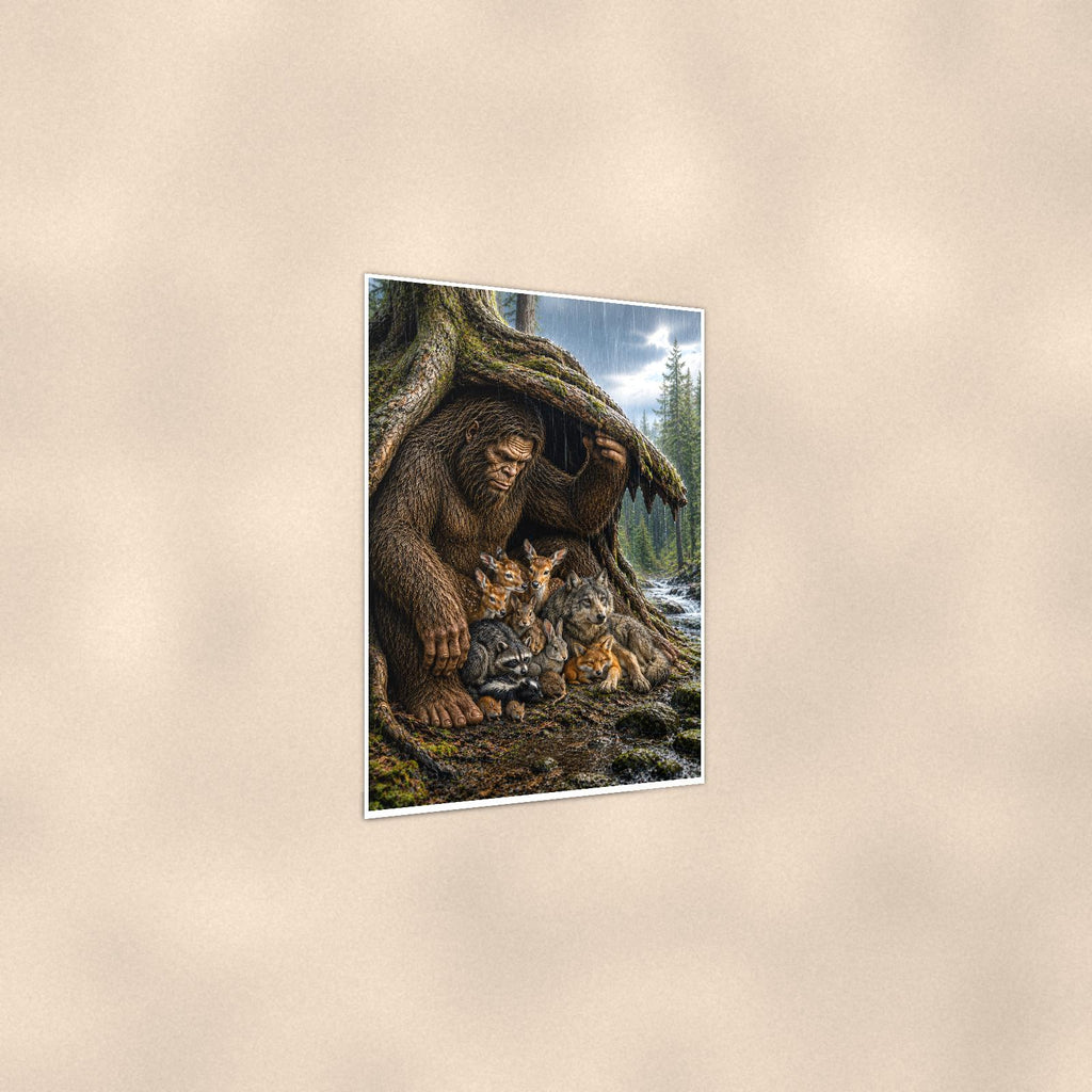 Forest Friends Bigfoot — 24x36 in art print poster, premium luster paper with a white border; gentle three-quarter angle on a warm wall, showing the flat paper edge.