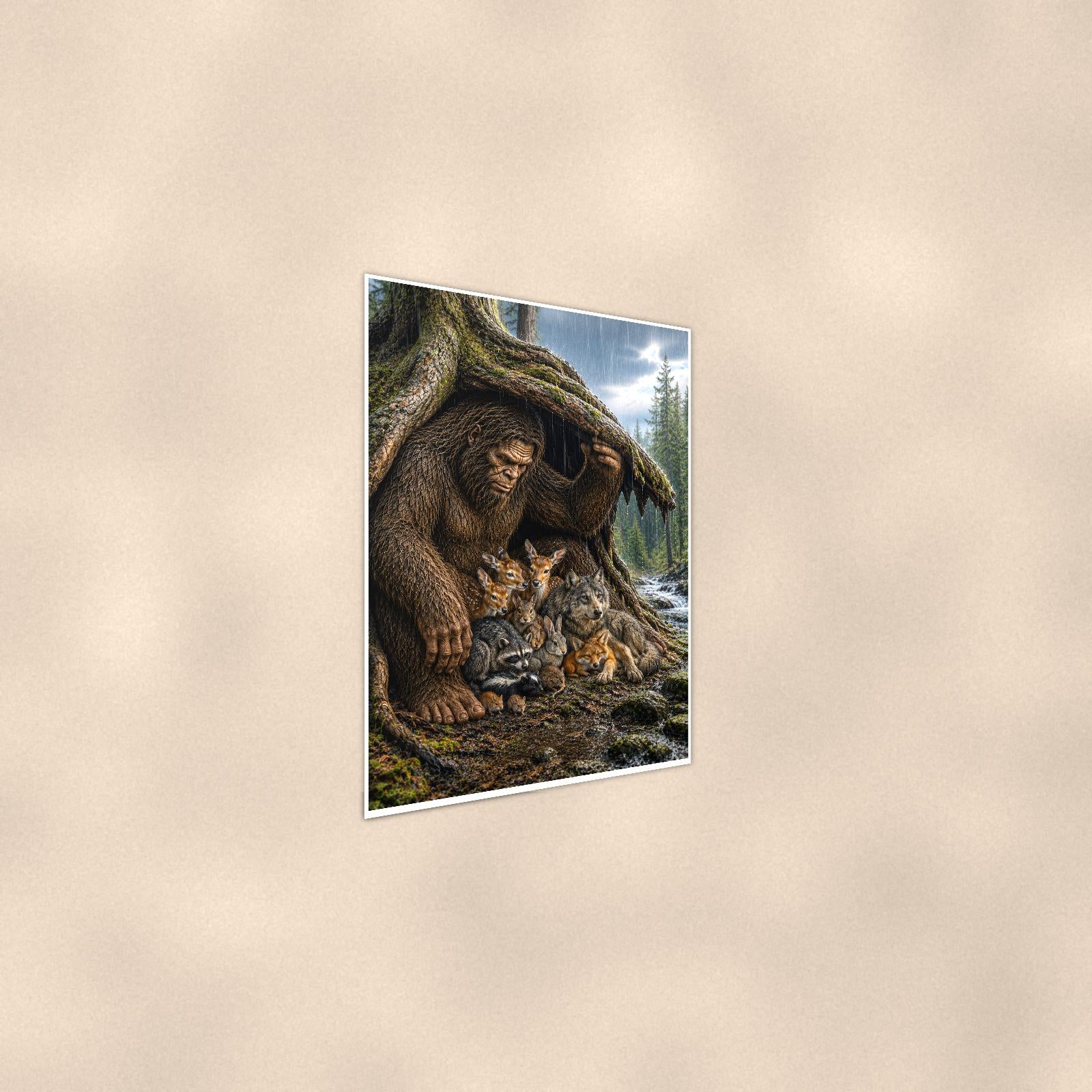 Forest Friends Bigfoot — 24x36 in art print poster, premium luster paper with a white border; steeper three-quarter angle on a warm wall, catching the luster sheen.