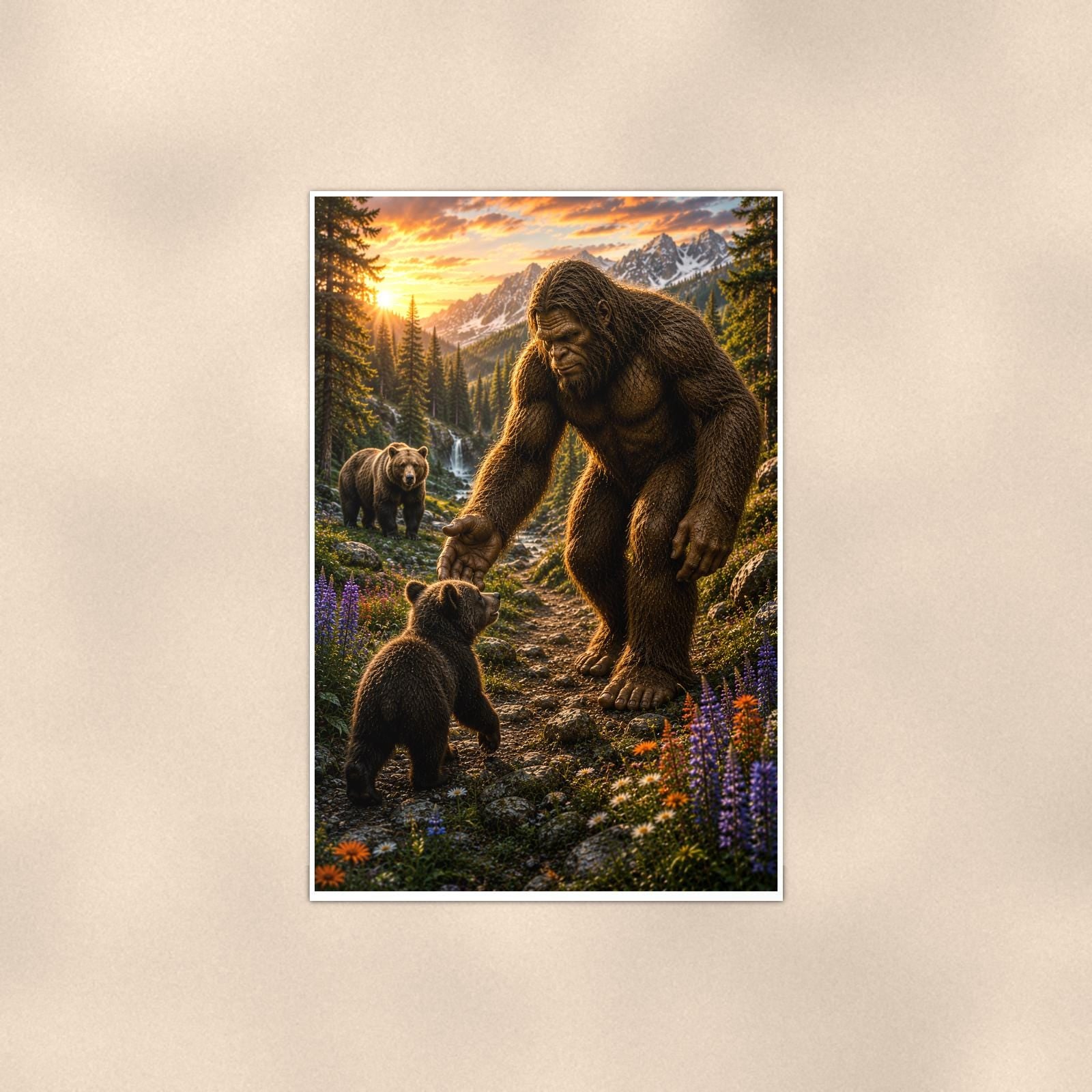 Bear Cub Buddies Bigfoot — 24x36 in art print poster, premium luster paper with a white border; poster shown straight on against a warm wall.