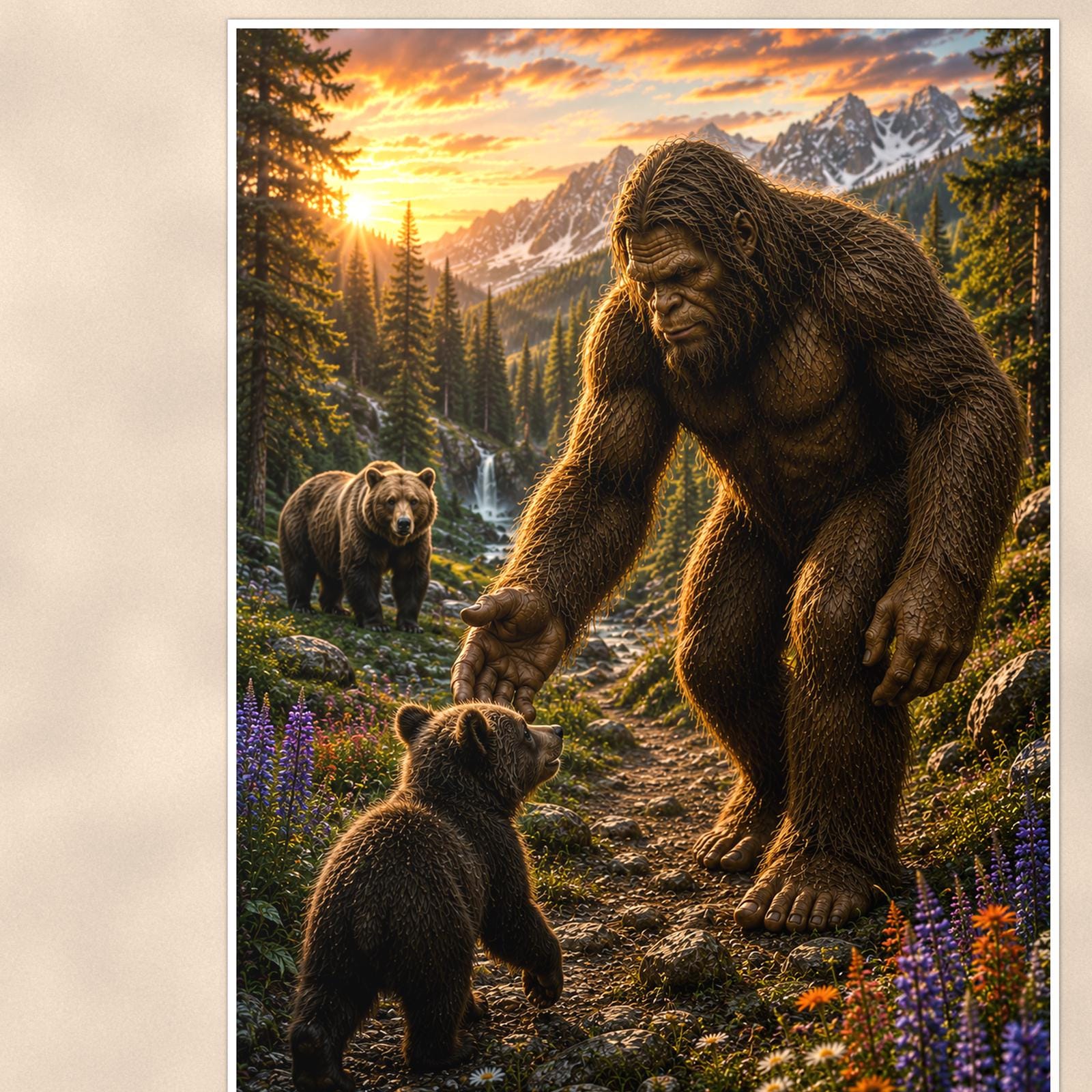 Bear Cub Buddies Bigfoot — 24x36 in art print poster, premium luster paper with a white border; close-up framed on the main subject of the artwork, paper surface visible.