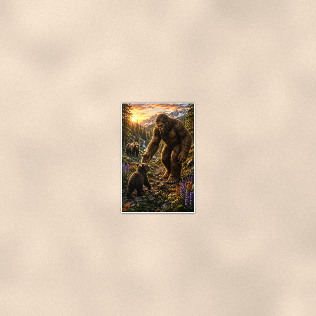 Bear Cub Buddies Bigfoot — 24x36 in art print poster, premium luster paper with a white border; poster seen from further back, at true 24x36 in scale on a warm wall.