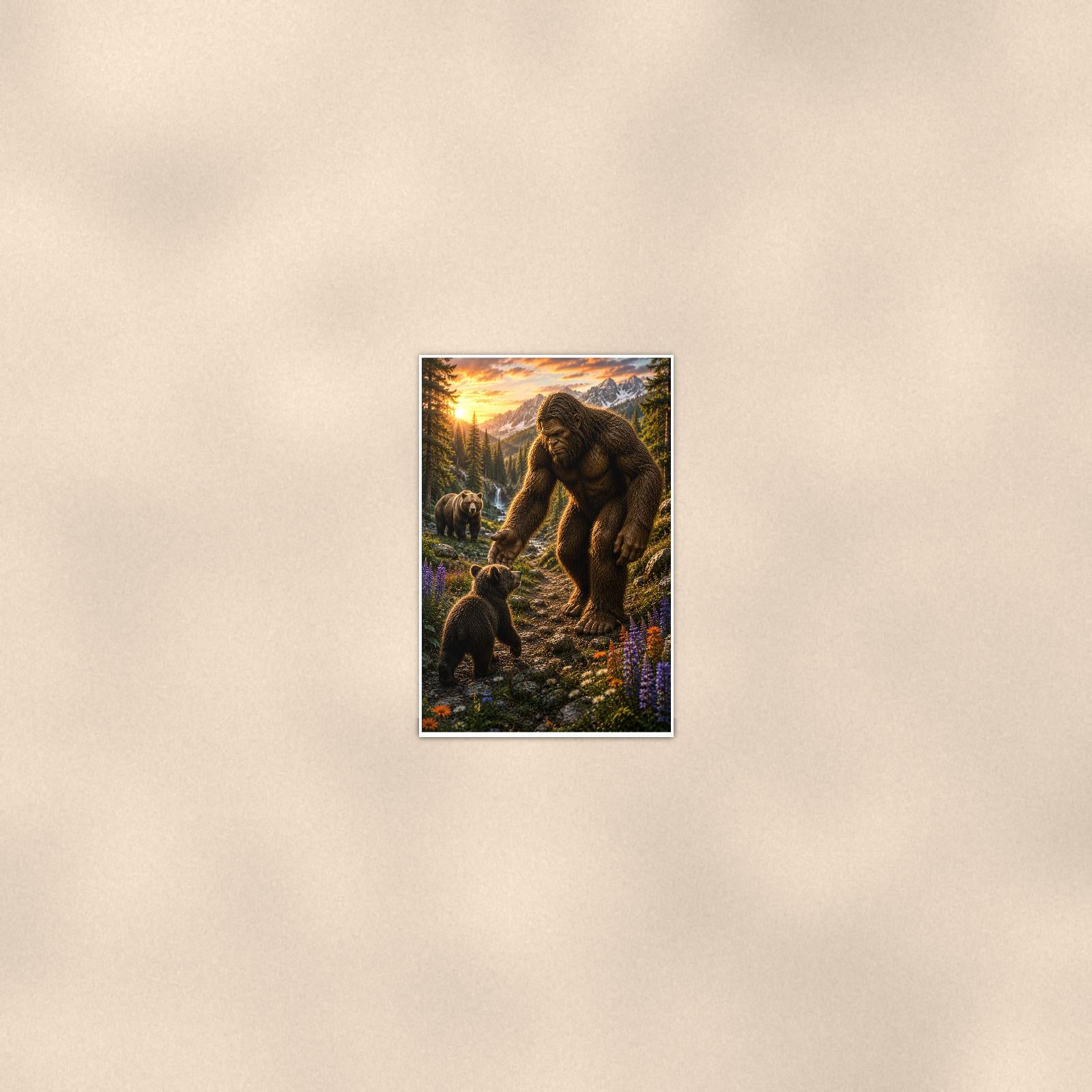 Bear Cub Buddies Bigfoot — 24x36 in art print poster, premium luster paper with a white border; poster seen from further back, at true 24x36 in scale on a warm wall.