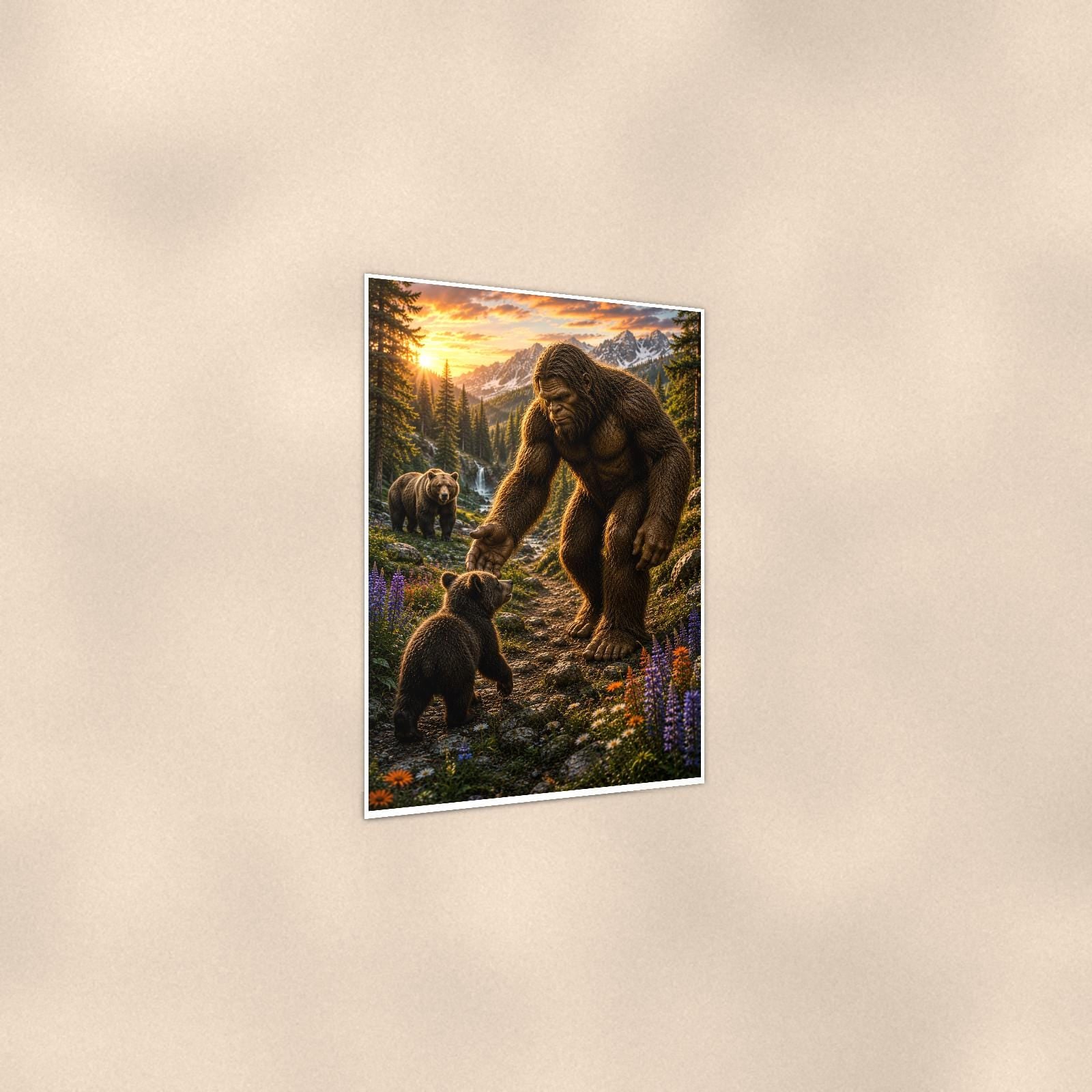 Bear Cub Buddies Bigfoot — 24x36 in art print poster, premium luster paper with a white border; gentle three-quarter angle on a warm wall, showing the flat paper edge.