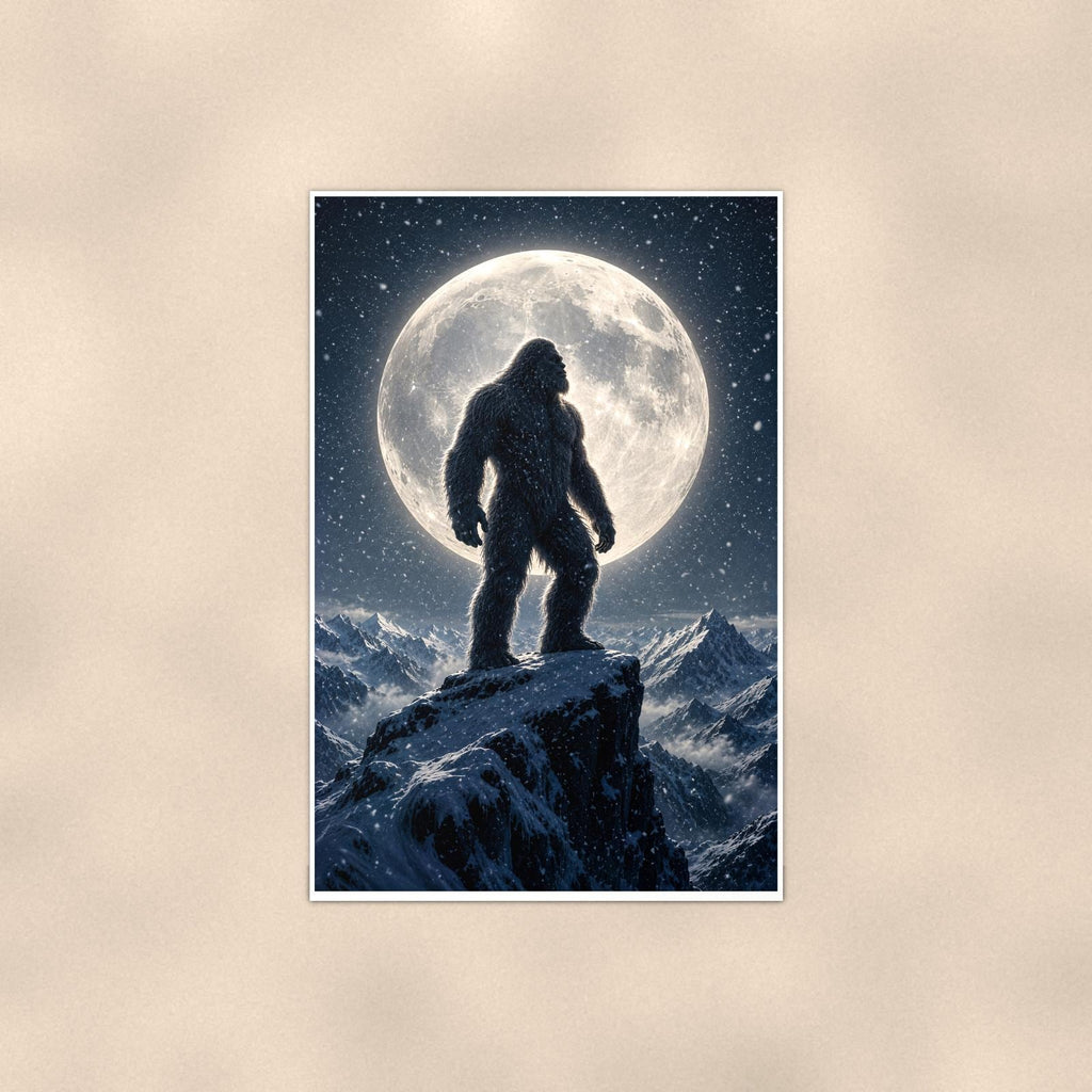Full Moon Bigfoot — 24x36 in art print poster, premium luster paper with a white border; poster shown straight on against a warm wall.