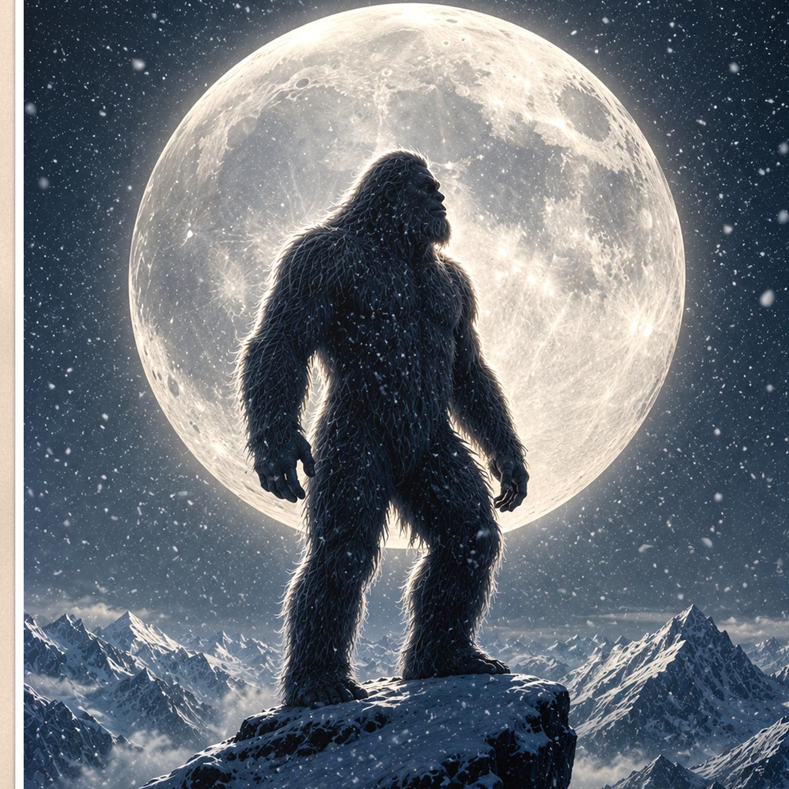 Full Moon Bigfoot — 24x36 in art print poster, premium luster paper with a white border; close-up framed on the main subject of the artwork, paper surface visible.