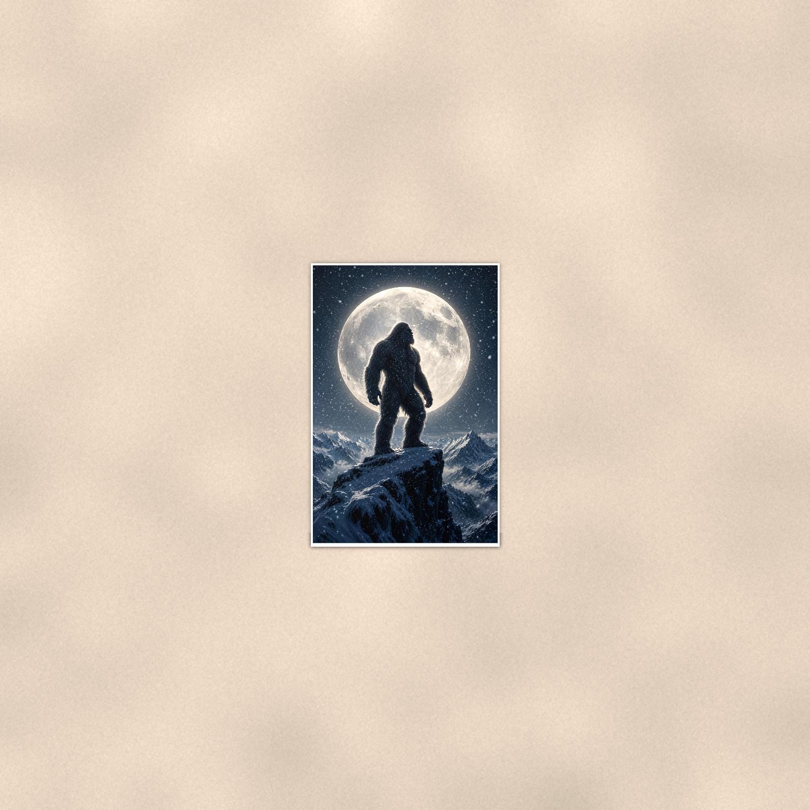 Full Moon Bigfoot — 24x36 in art print poster, premium luster paper with a white border; poster seen from further back, at true 24x36 in scale on a warm wall.