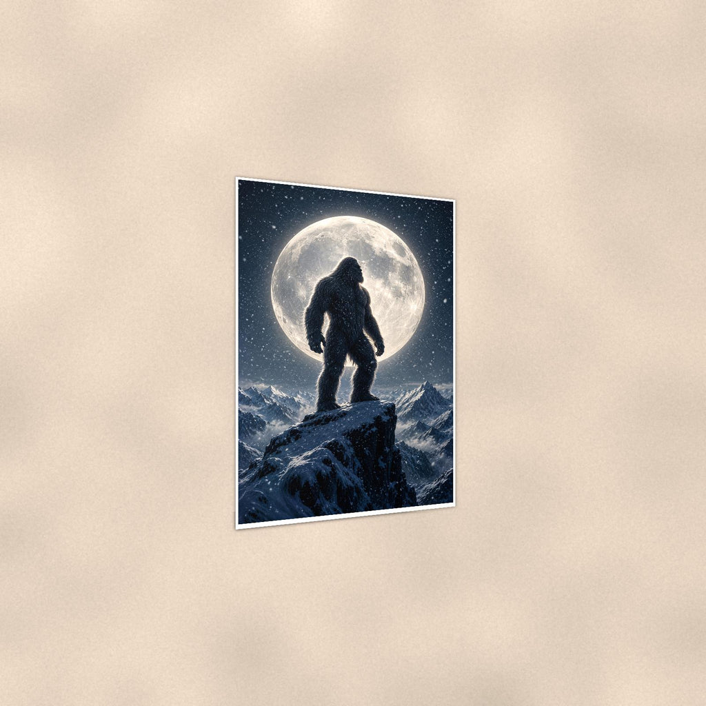 Full Moon Bigfoot — 24x36 in art print poster, premium luster paper with a white border; gentle three-quarter angle on a warm wall, showing the flat paper edge.