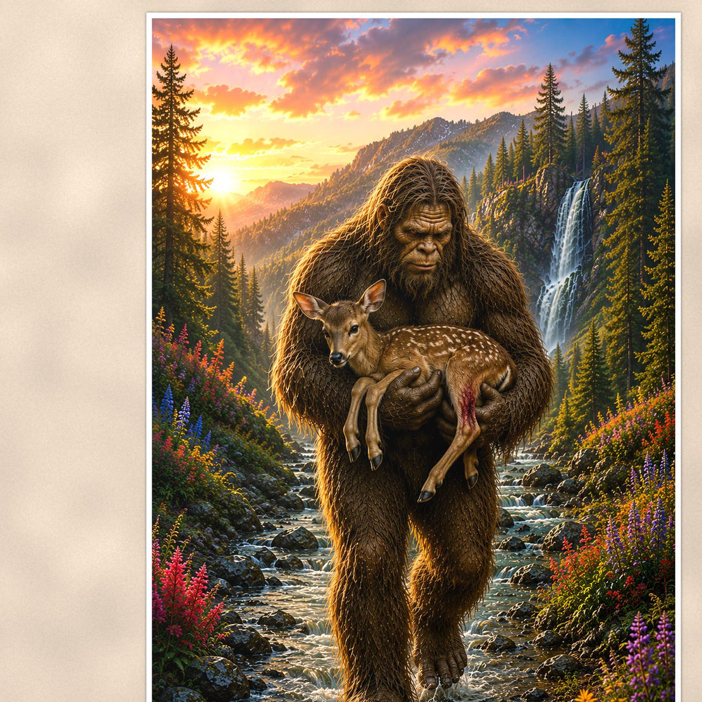 Fawn Rescue Bigfoot — 24x36 in art print poster, premium luster paper with a white border; close-up framed on the main subject of the artwork, paper surface visible.