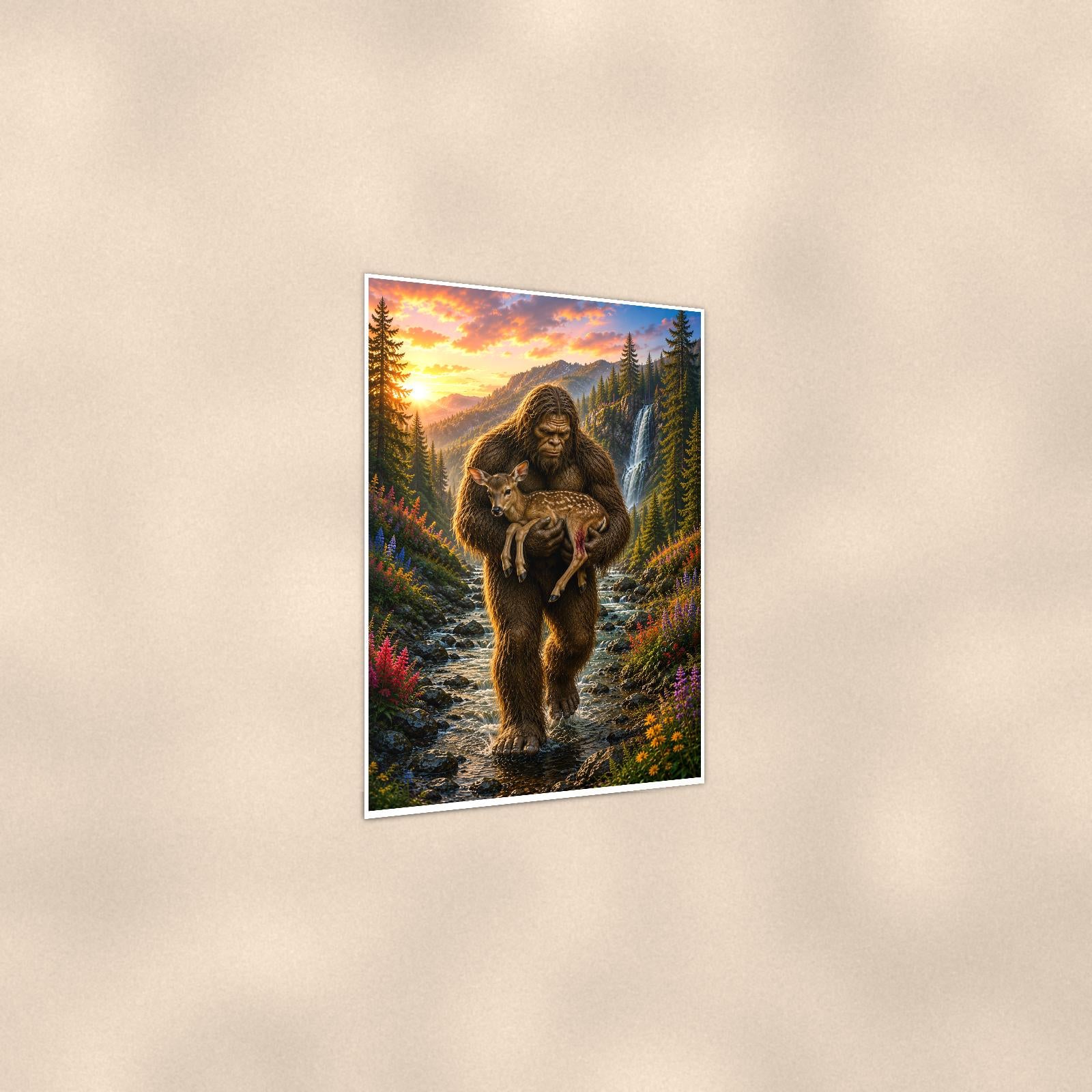 Fawn Rescue Bigfoot — 24x36 in art print poster, premium luster paper with a white border; gentle three-quarter angle on a warm wall, showing the flat paper edge.