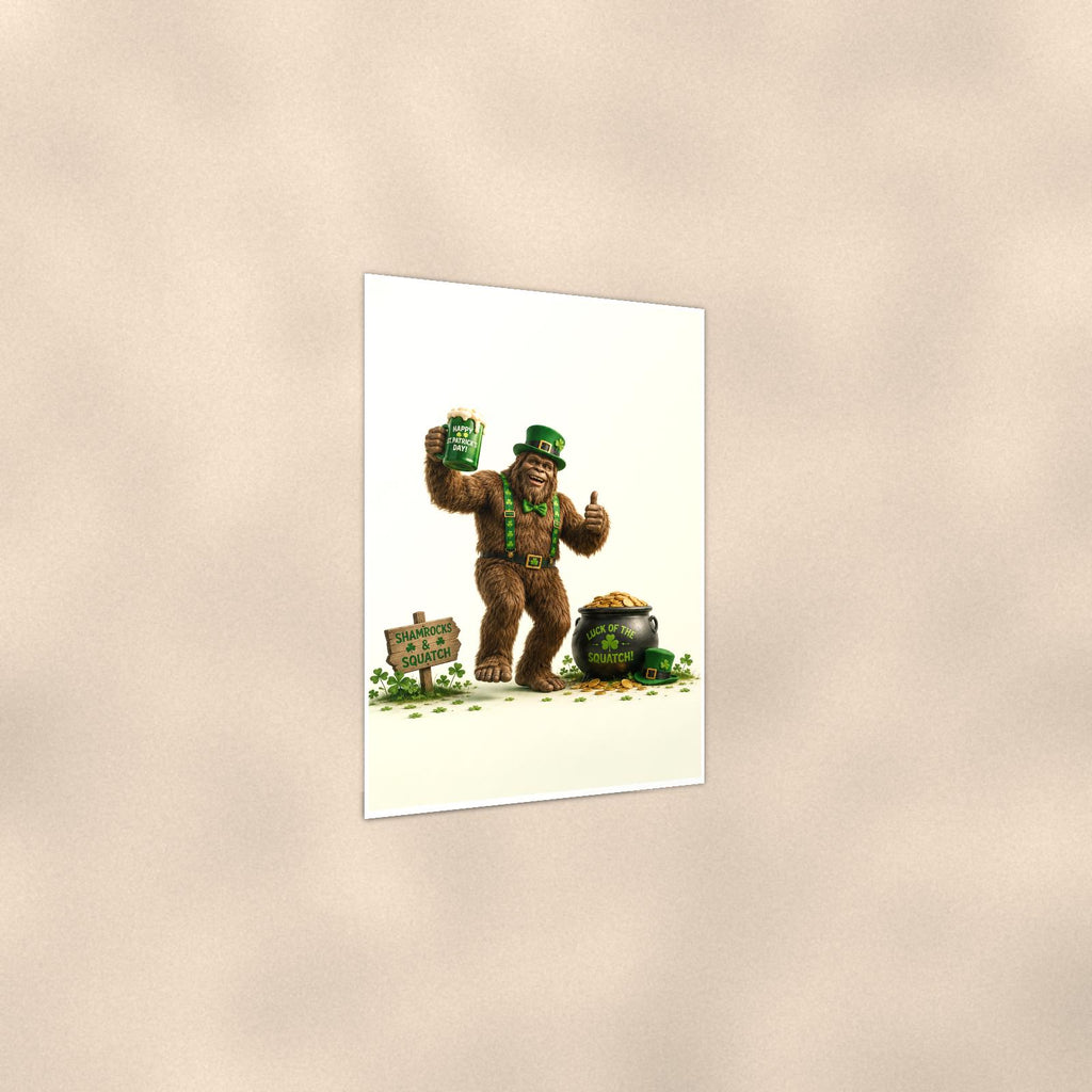 St Patrick’s Bigfoot — 24x36 in art print poster, premium luster paper with a white border; gentle three-quarter angle on a warm wall, showing the flat paper edge.