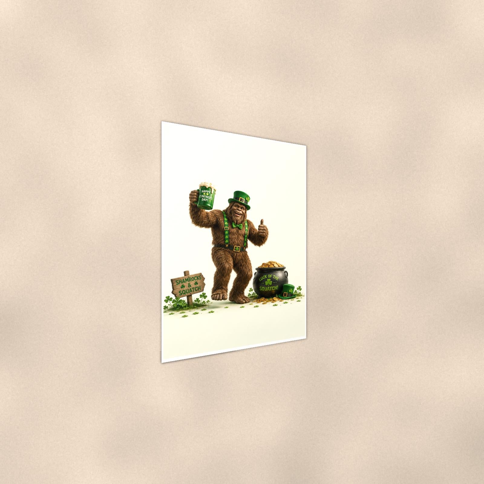 St Patrick’s Bigfoot — 24x36 in art print poster, premium luster paper with a white border; steeper three-quarter angle on a warm wall, catching the luster sheen.