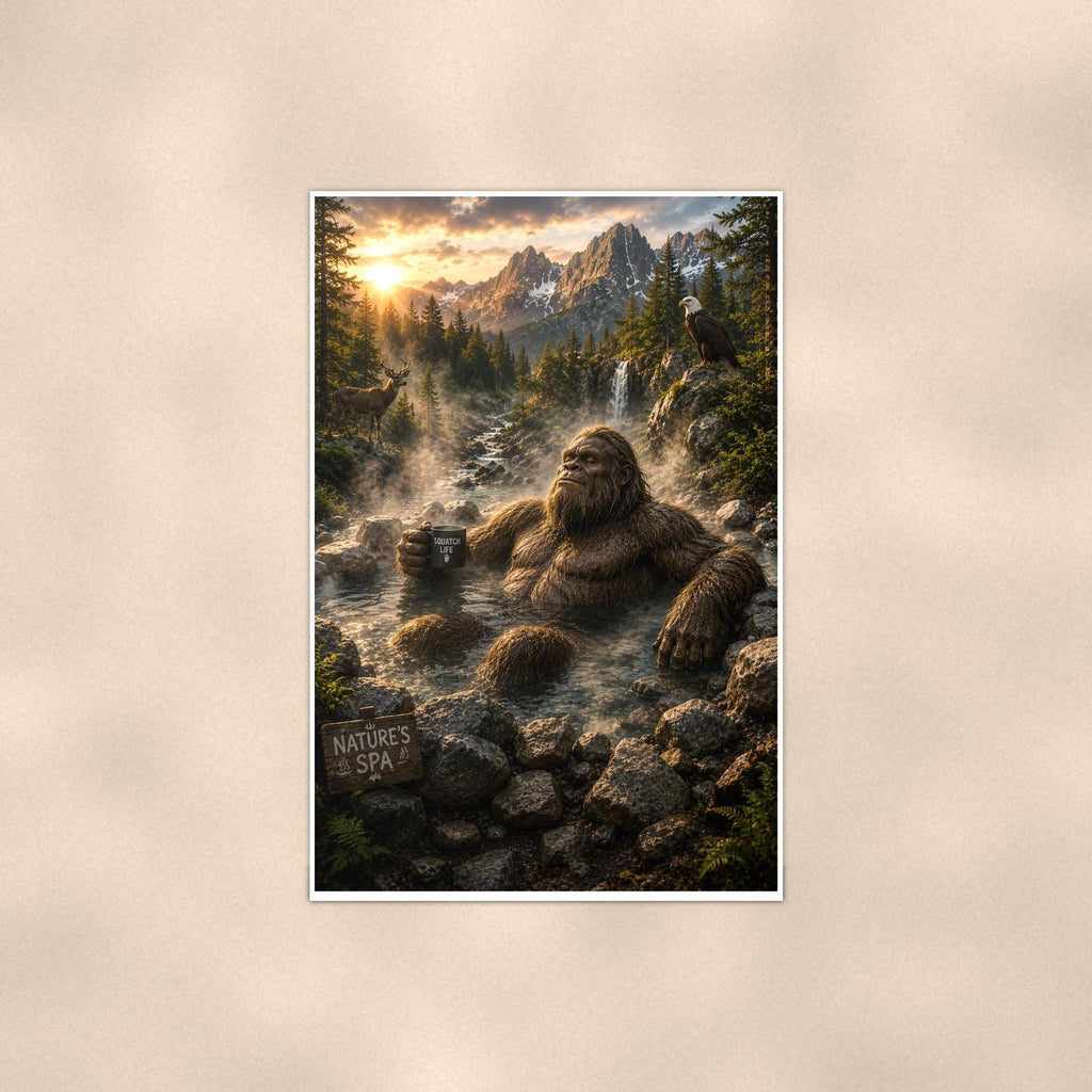 Misty Rocks Bigfoot — 24x36 in art print poster, premium luster paper with a white border; poster shown straight on against a warm wall.