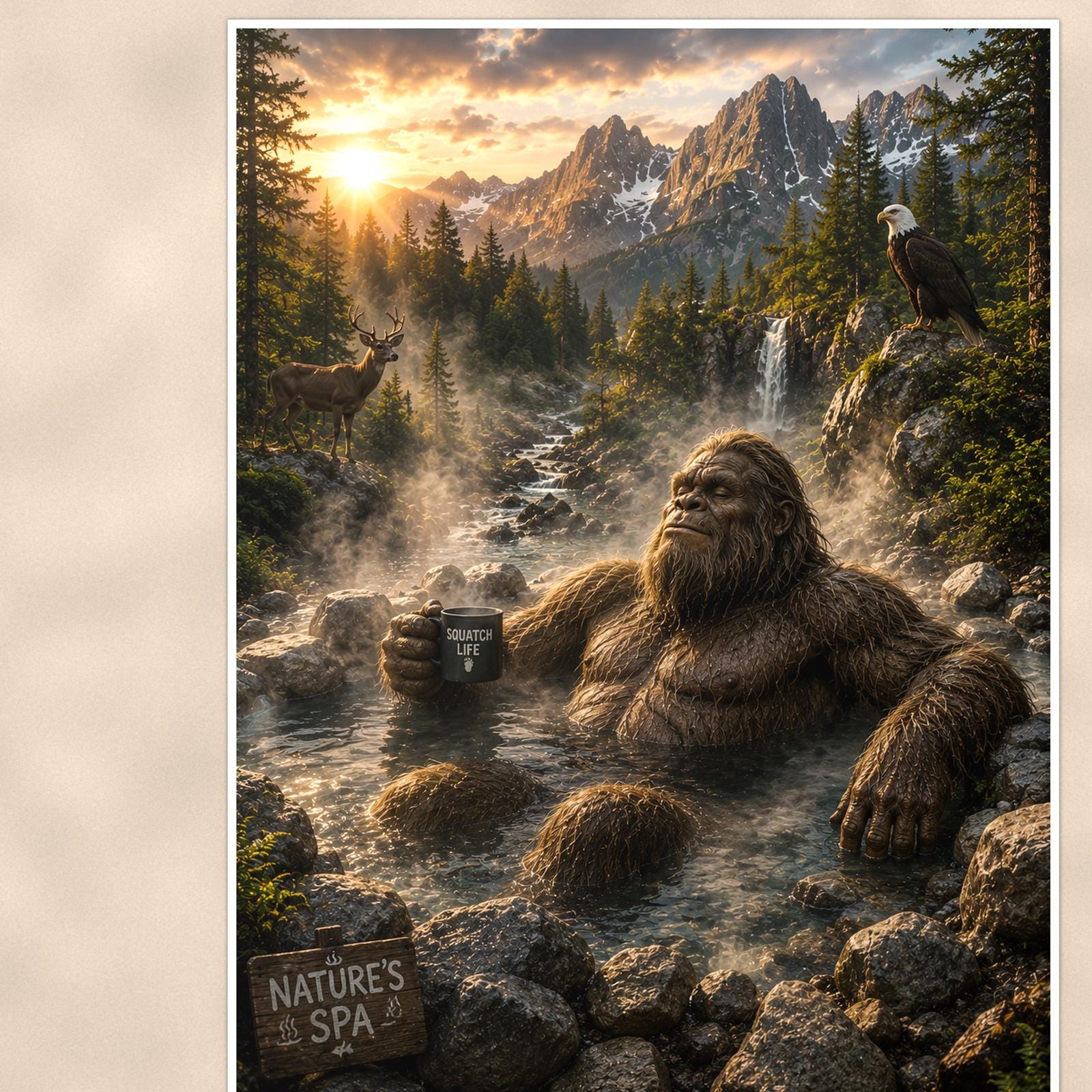 Misty Rocks Bigfoot — 24x36 in art print poster, premium luster paper with a white border; close-up framed on the main subject of the artwork, paper surface visible.