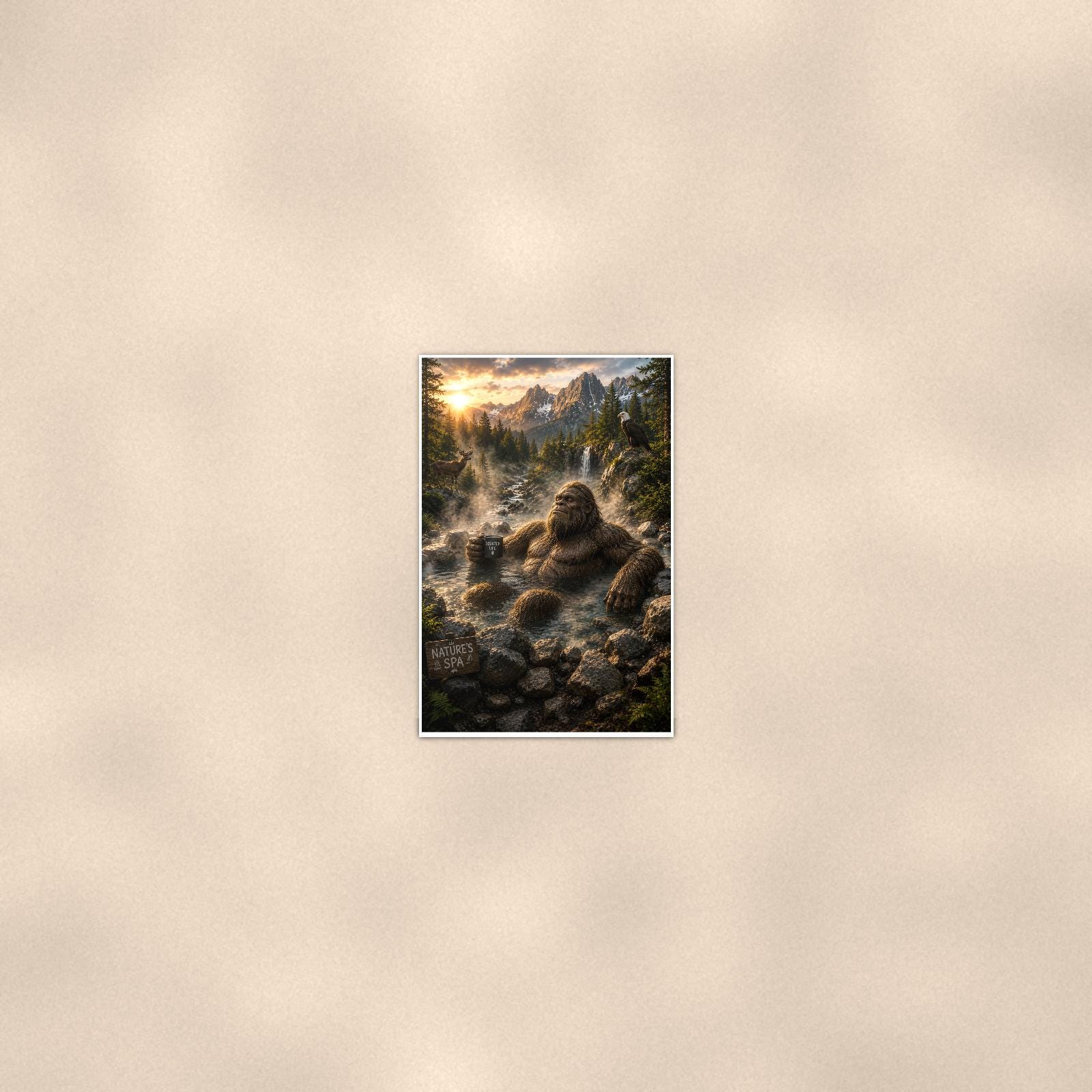 Misty Rocks Bigfoot — 24x36 in art print poster, premium luster paper with a white border; poster seen from further back, at true 24x36 in scale on a warm wall.
