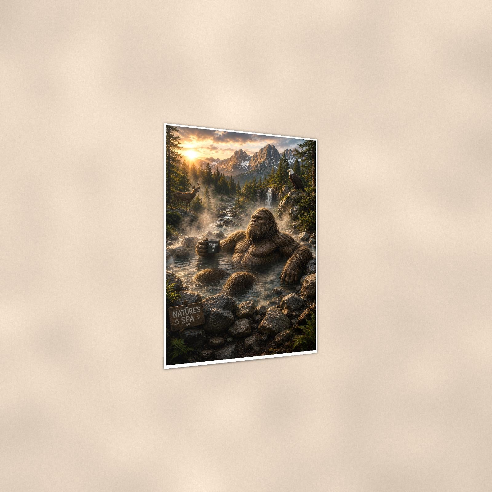 Misty Rocks Bigfoot — 24x36 in art print poster, premium luster paper with a white border; gentle three-quarter angle on a warm wall, showing the flat paper edge.