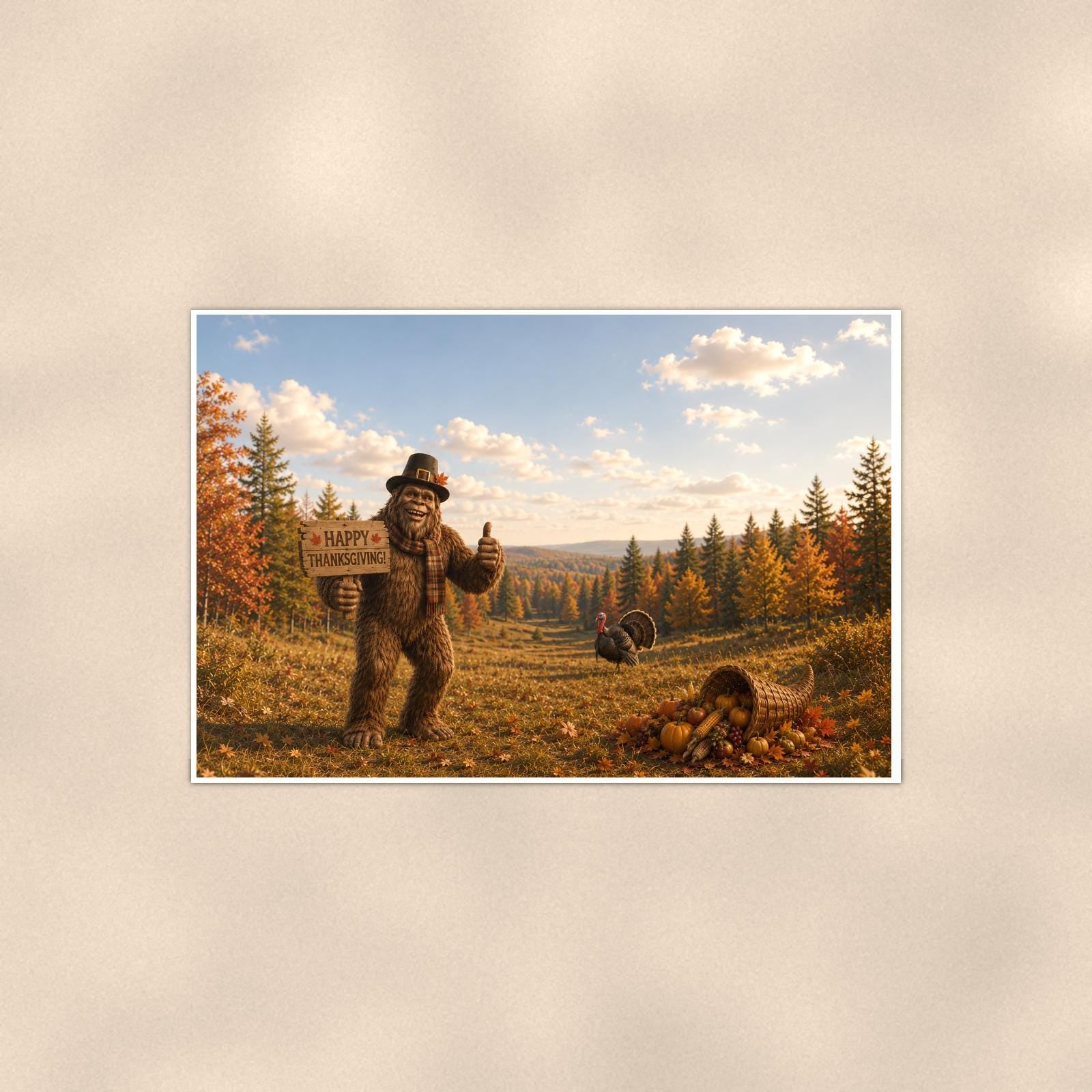 Thanksgiving Bigfoot — 36x24 in art print poster, premium luster paper with a white border; poster shown straight on against a warm wall.