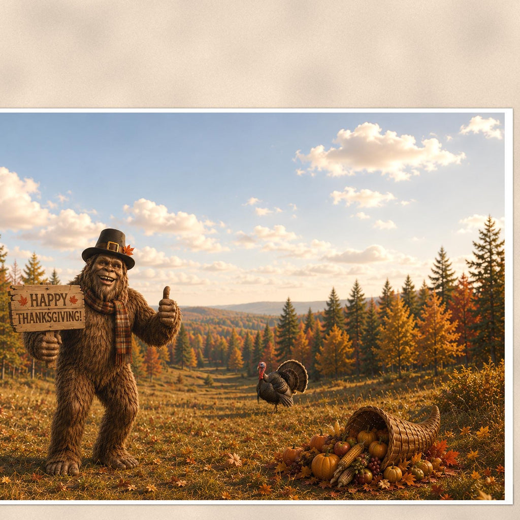 Thanksgiving Bigfoot — 36x24 in art print poster, premium luster paper with a white border; close-up framed on the main subject of the artwork, paper surface visible.