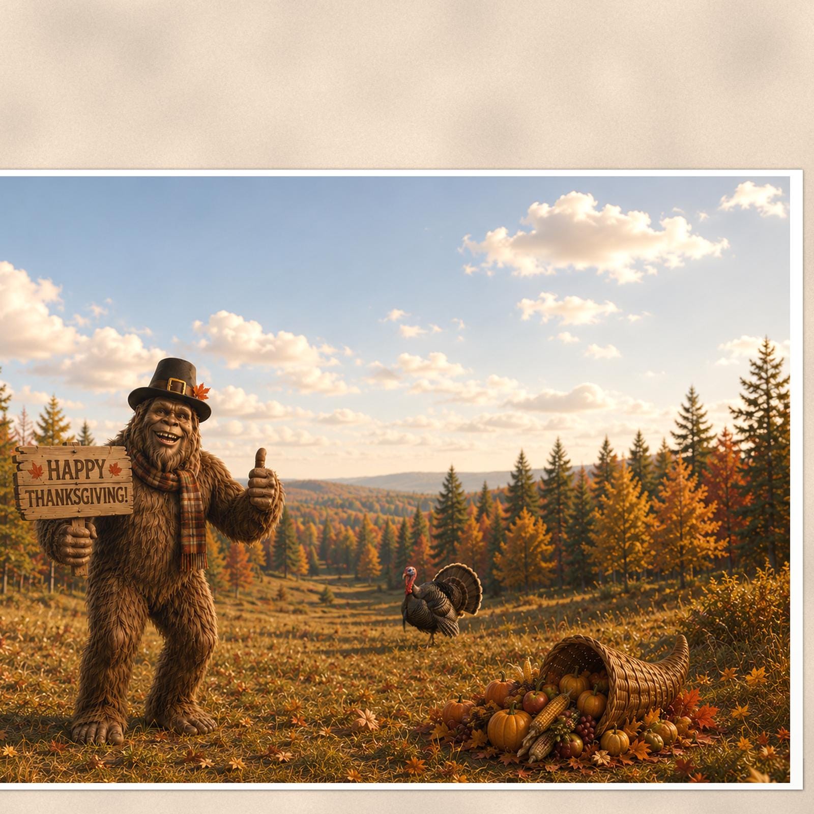 Thanksgiving Bigfoot — 36x24 in art print poster, premium luster paper with a white border; close-up framed on the main subject of the artwork, paper surface visible.