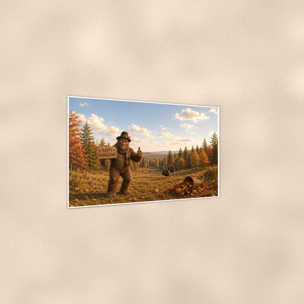 Thanksgiving Bigfoot — 36x24 in art print poster, premium luster paper with a white border; gentle three-quarter angle on a warm wall, showing the flat paper edge.