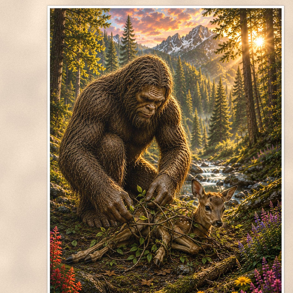 Gardener Bigfoot — 24x36 in art print poster, premium luster paper with a white border; close-up framed on the main subject of the artwork, paper surface visible.