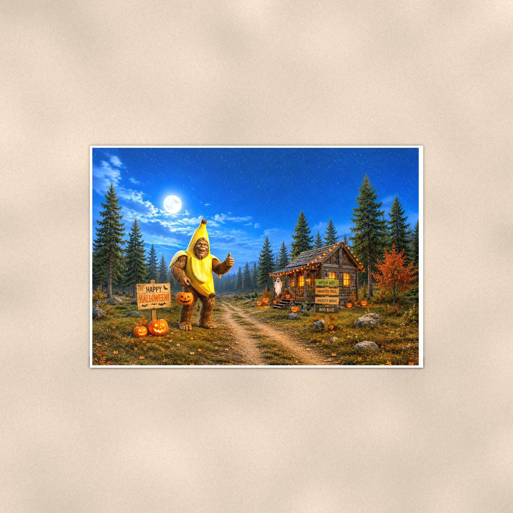 Halloween Bigfoot — 36x24 in art print poster, premium luster paper with a white border; poster shown straight on against a warm wall.