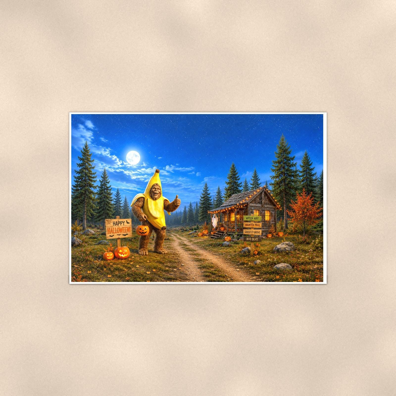 Halloween Bigfoot — 36x24 in art print poster, premium luster paper with a white border; poster shown straight on against a warm wall.