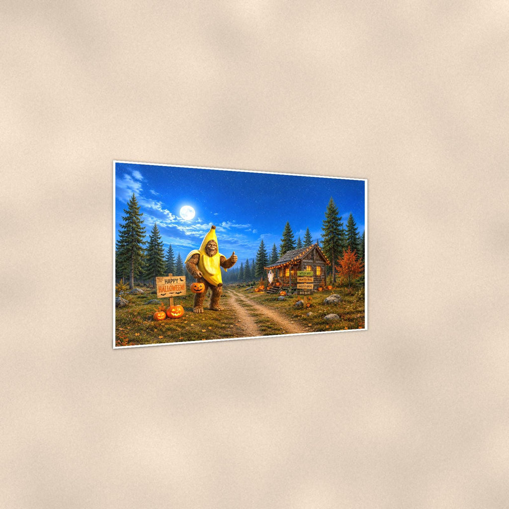 Halloween Bigfoot — 36x24 in art print poster, premium luster paper with a white border; gentle three-quarter angle on a warm wall, showing the flat paper edge.