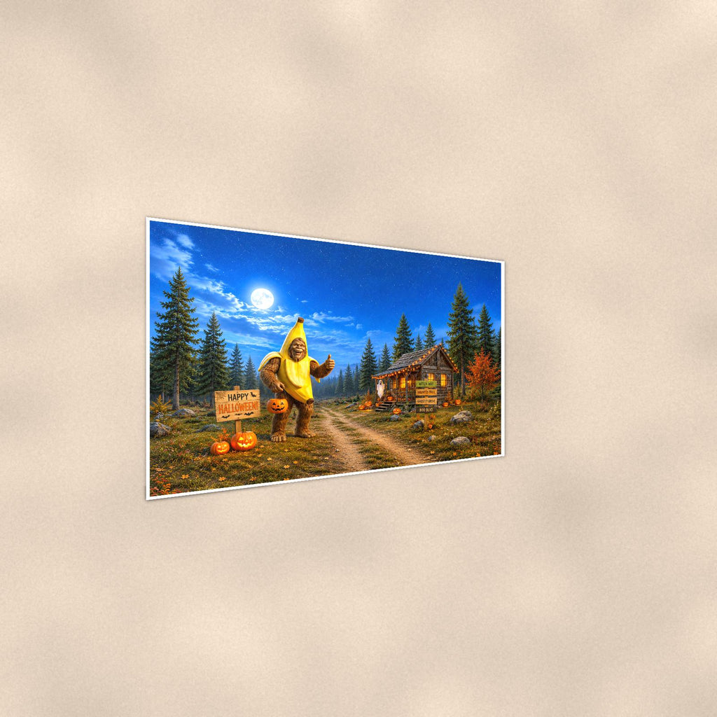 Halloween Bigfoot — 36x24 in art print poster, premium luster paper with a white border; steeper three-quarter angle on a warm wall, catching the luster sheen.