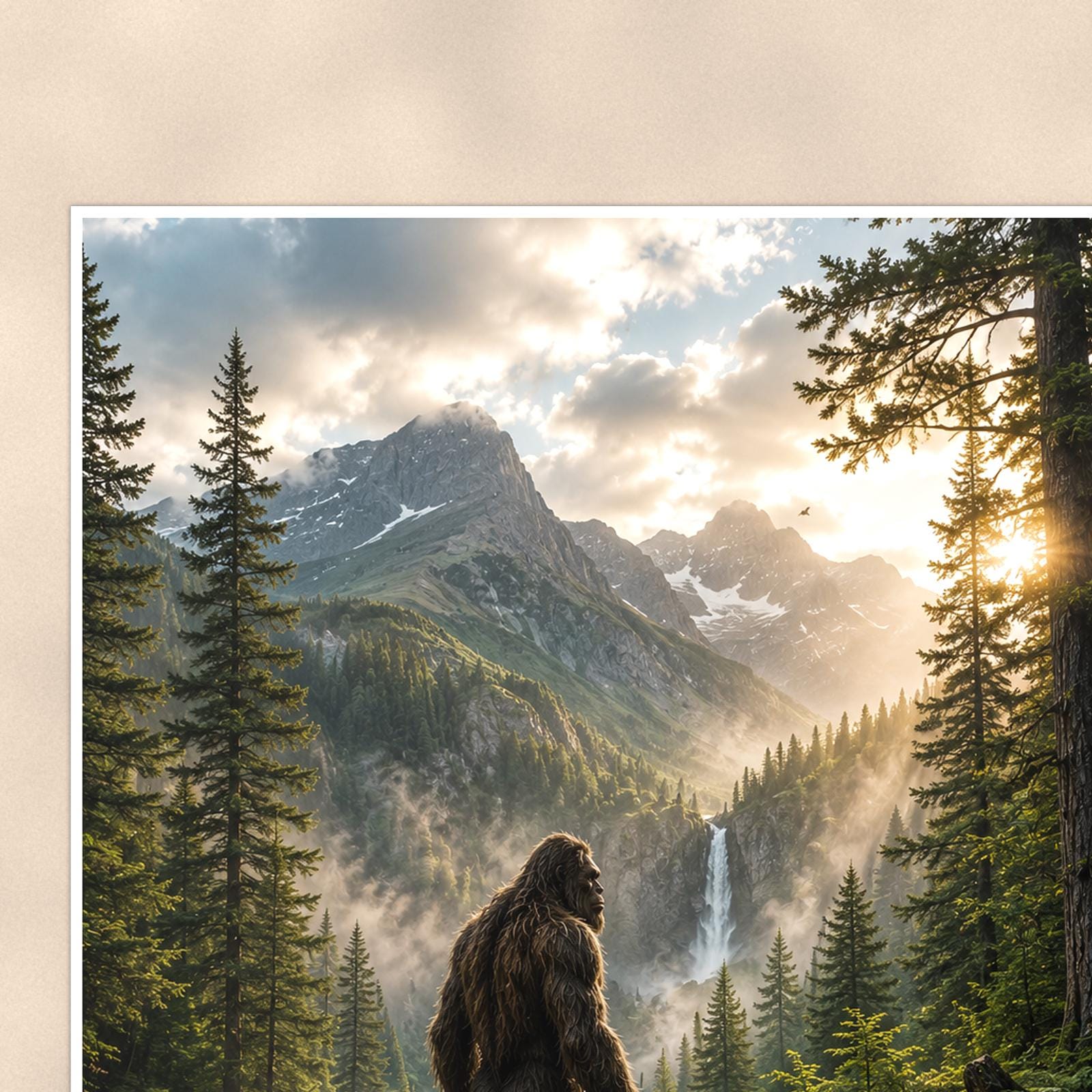 Waterfall Valley Bigfoot — 24x36 in art print poster, premium luster paper with a white border; close-up framed on the main subject of the artwork, paper surface visible.