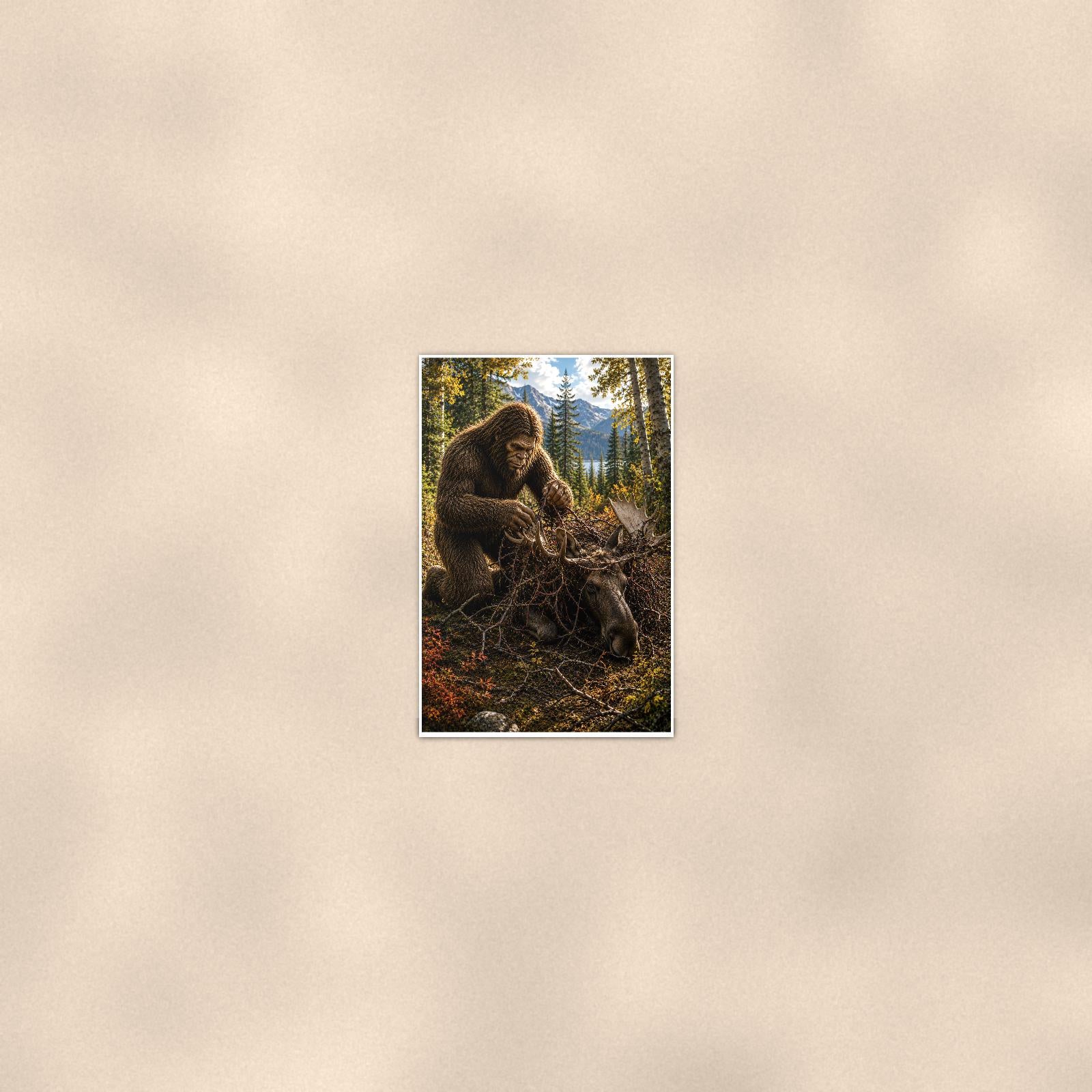 Forest Forager Bigfoot — 24x36 in art print poster, premium luster paper with a white border; poster seen from further back, at true 24x36 in scale on a warm wall.