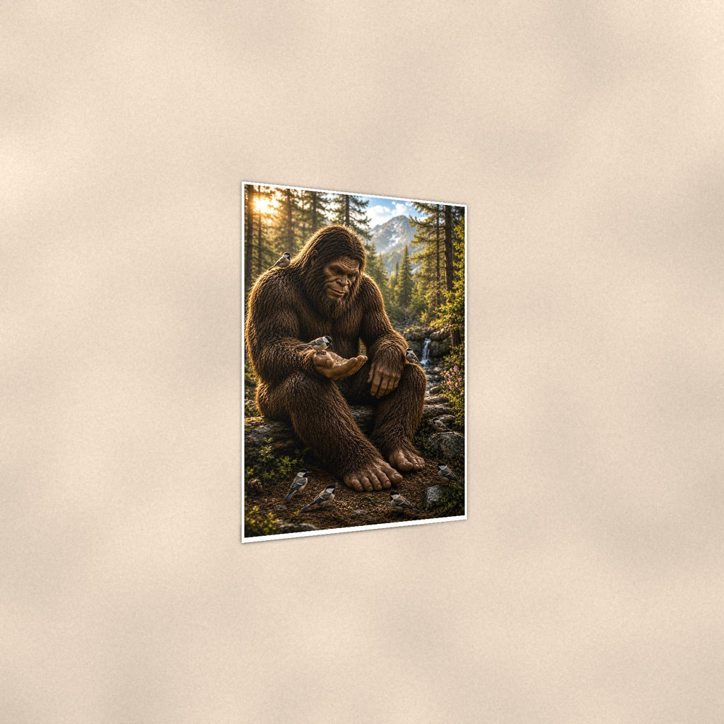 Gentle Giant Bigfoot — 24x36 in art print poster, premium luster paper with a white border; gentle three-quarter angle on a warm wall, showing the flat paper edge.