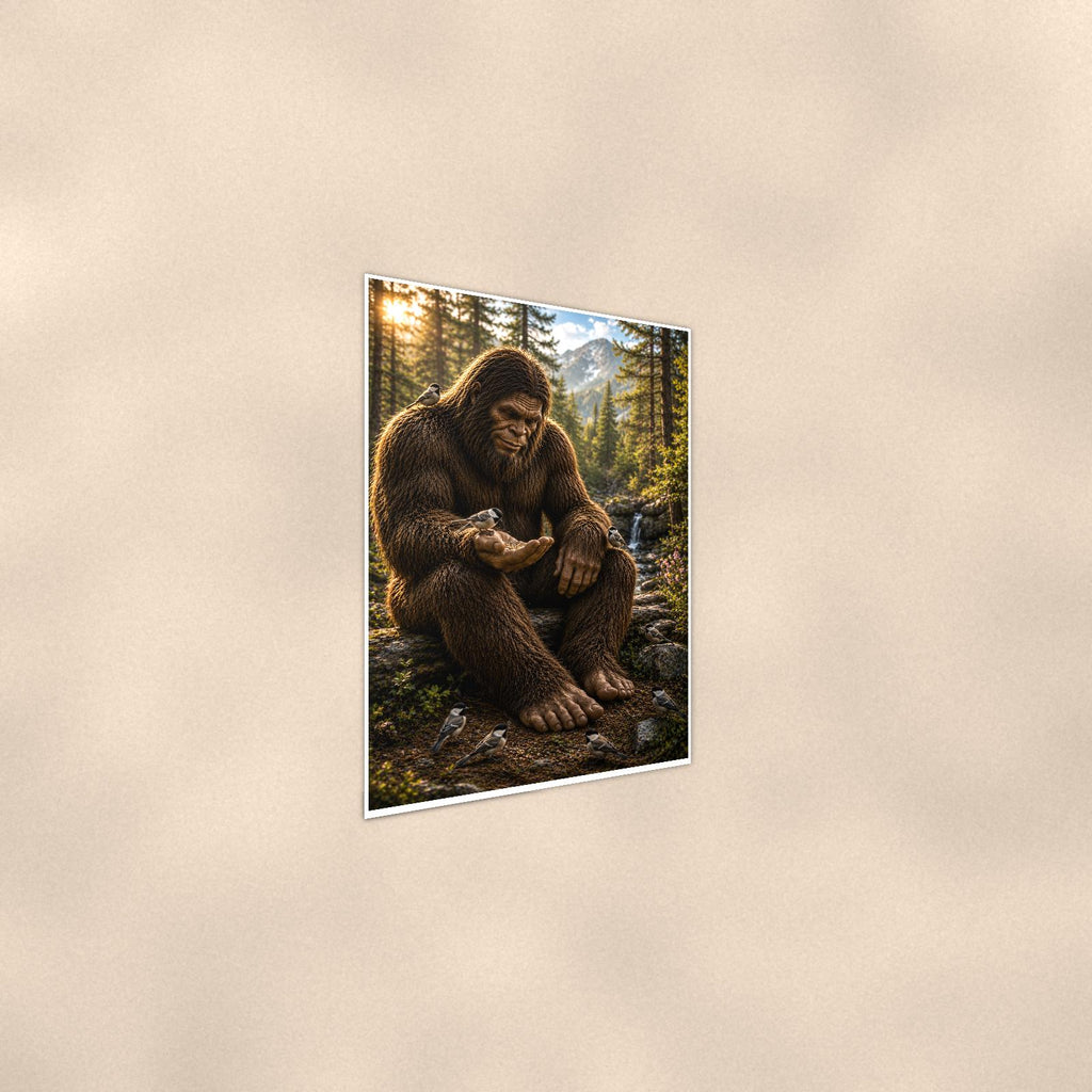 Gentle Giant Bigfoot — 24x36 in art print poster, premium luster paper with a white border; steeper three-quarter angle on a warm wall, catching the luster sheen.