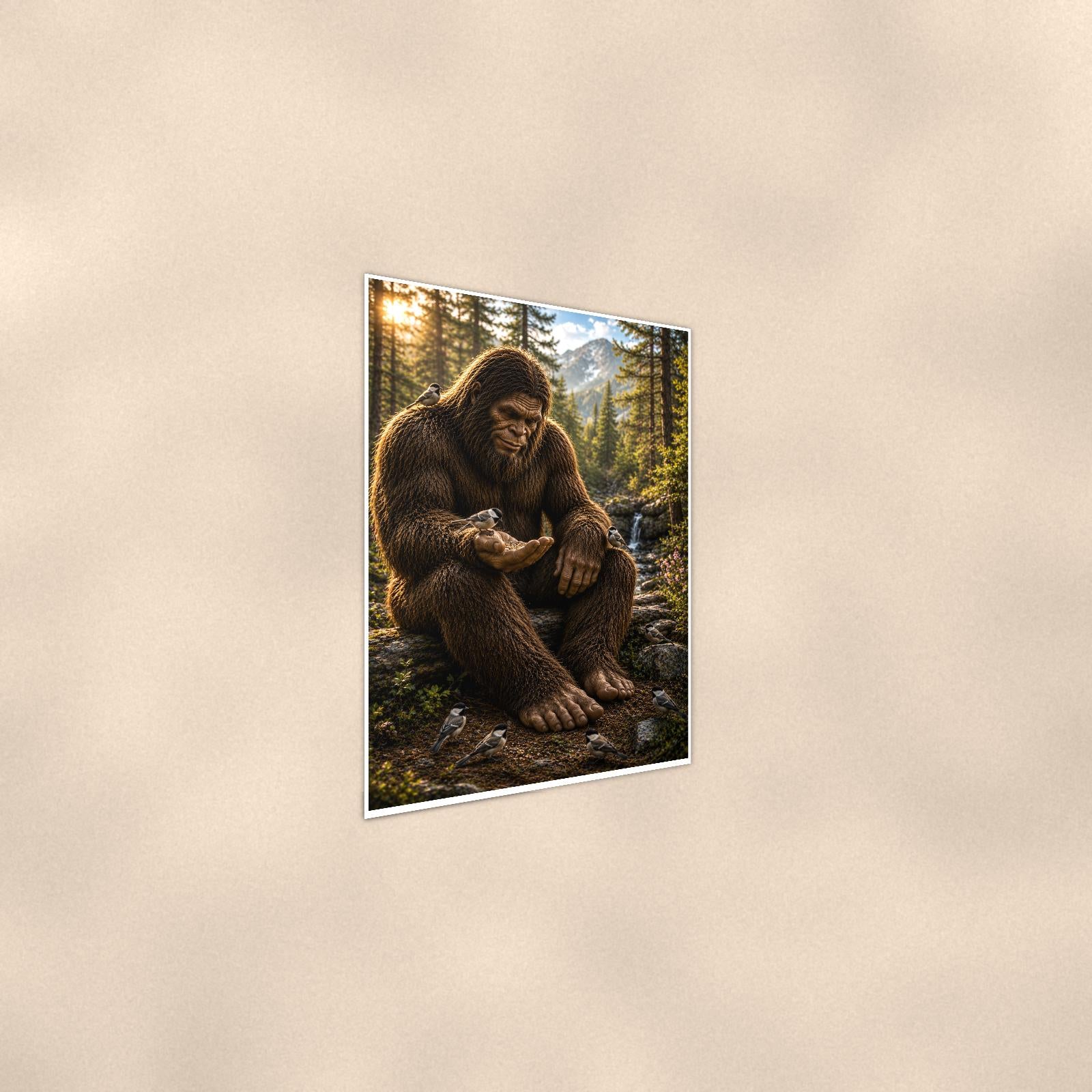 Gentle Giant Bigfoot — 24x36 in art print poster, premium luster paper with a white border; steeper three-quarter angle on a warm wall, catching the luster sheen.