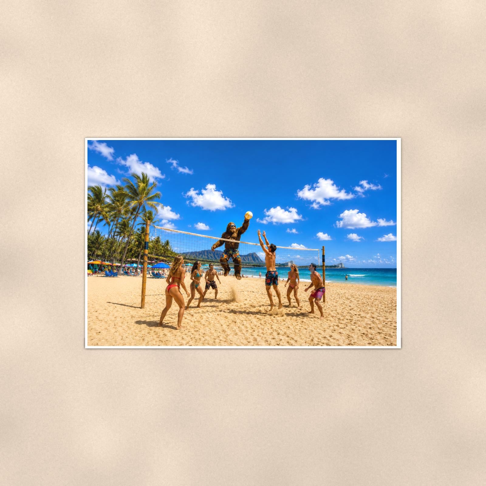 Beach Volleyball Bigfoot — 36x24 in art print poster, premium luster paper with a white border; poster shown straight on against a warm wall.