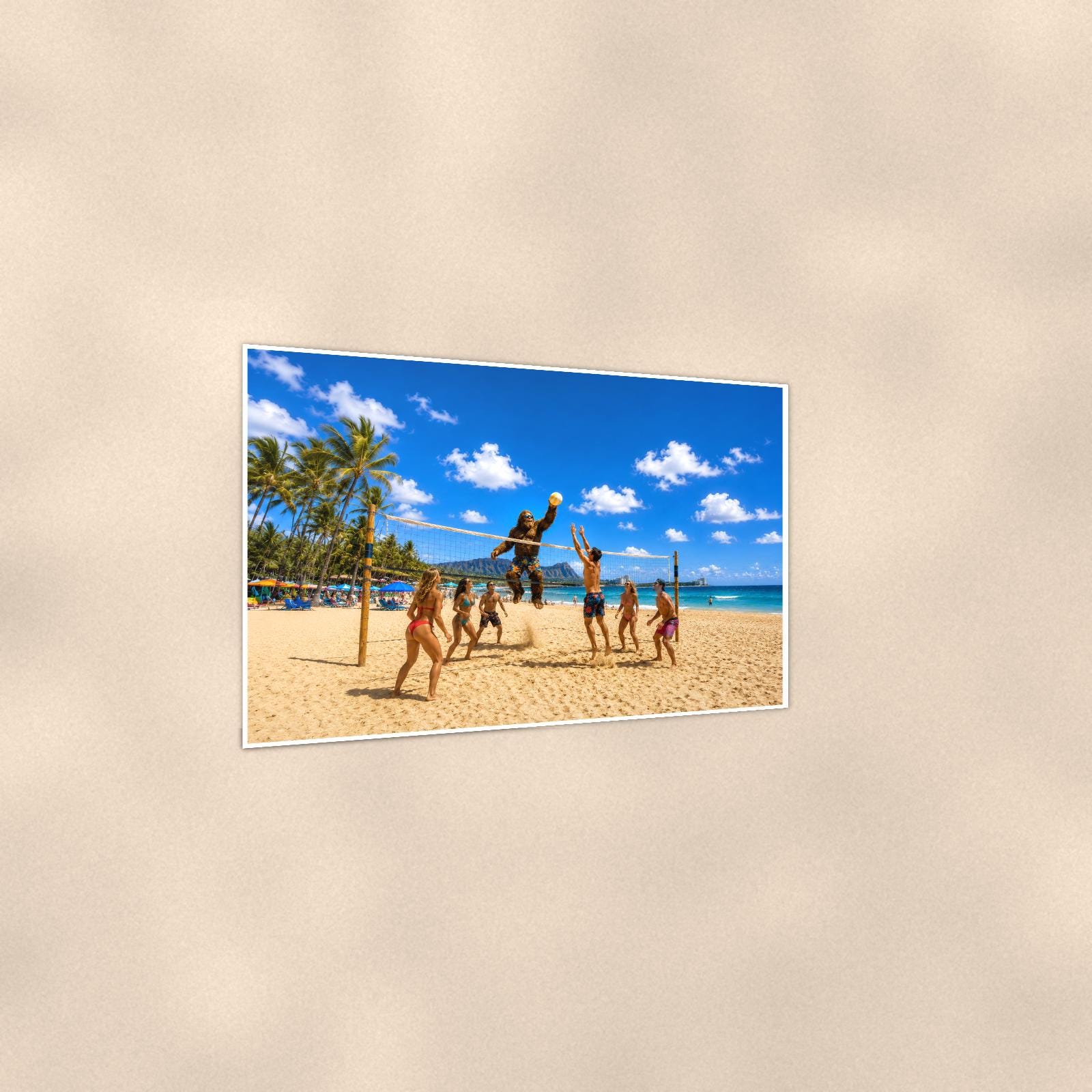 Beach Volleyball Bigfoot — 36x24 in art print poster, premium luster paper with a white border; gentle three-quarter angle on a warm wall, showing the flat paper edge.