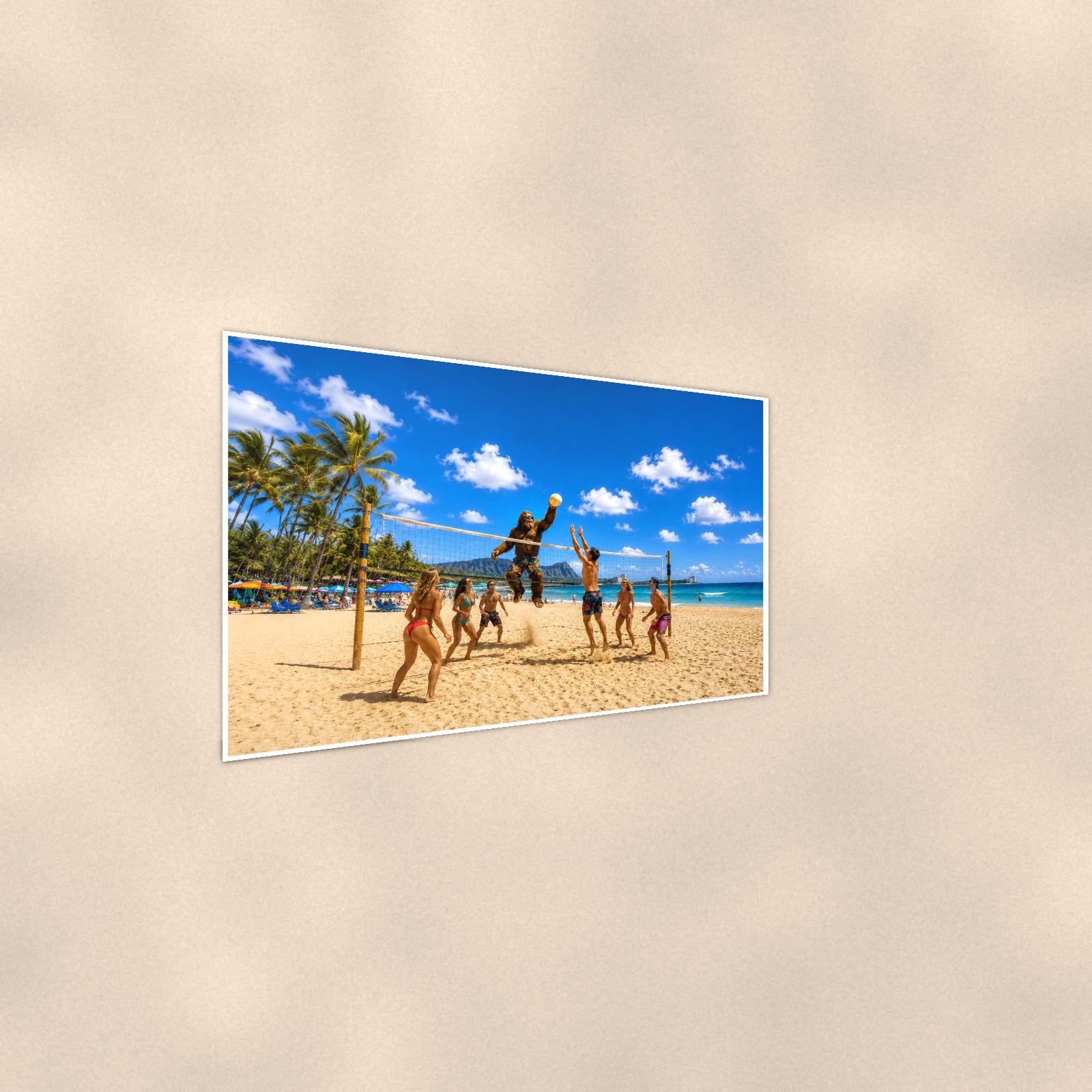 Beach Volleyball Bigfoot — 36x24 in art print poster, premium luster paper with a white border; steeper three-quarter angle on a warm wall, catching the luster sheen.