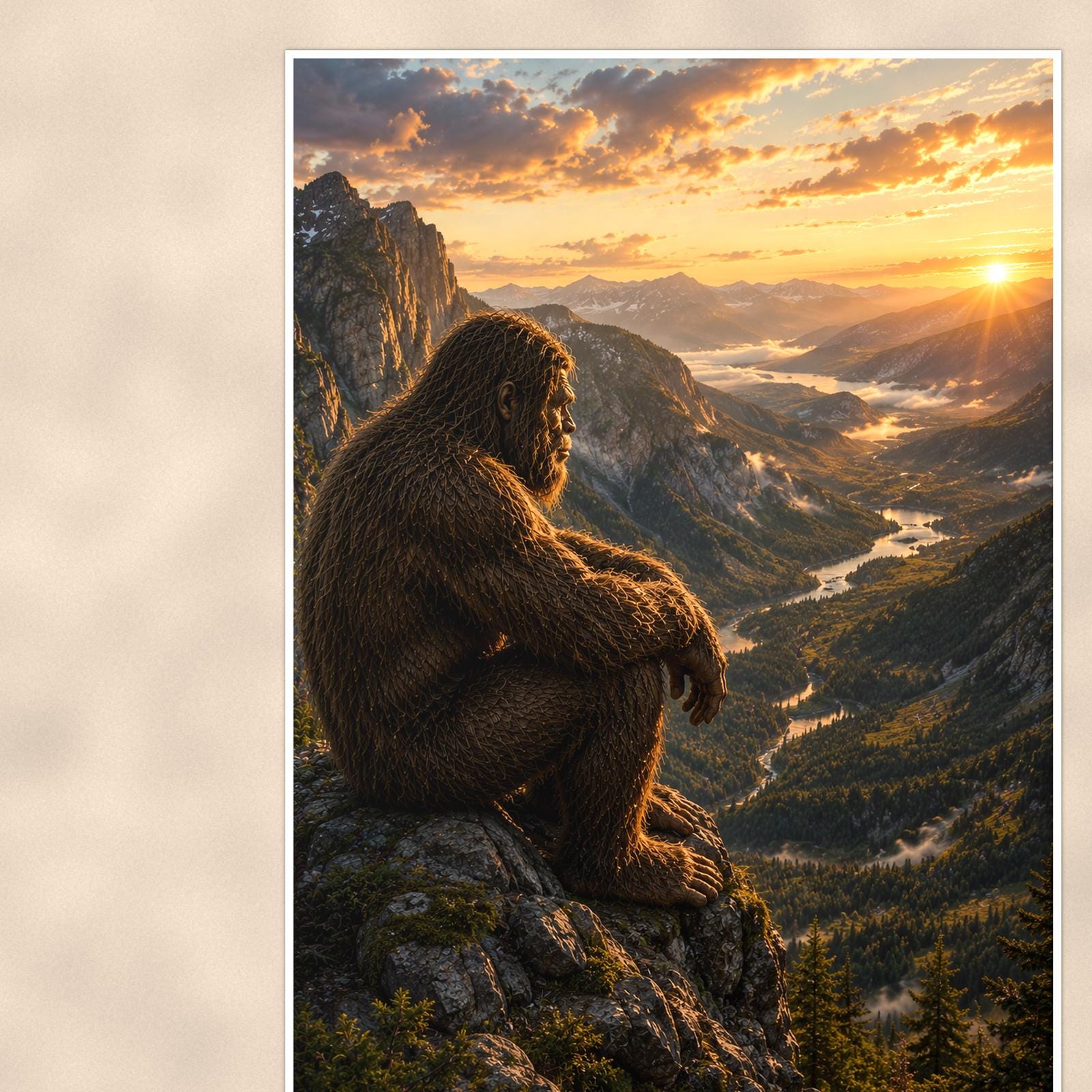 Mountain Overlook Bigfoot — 24x36 in art print poster, premium luster paper with a white border; close-up framed on the main subject of the artwork, paper surface visible.