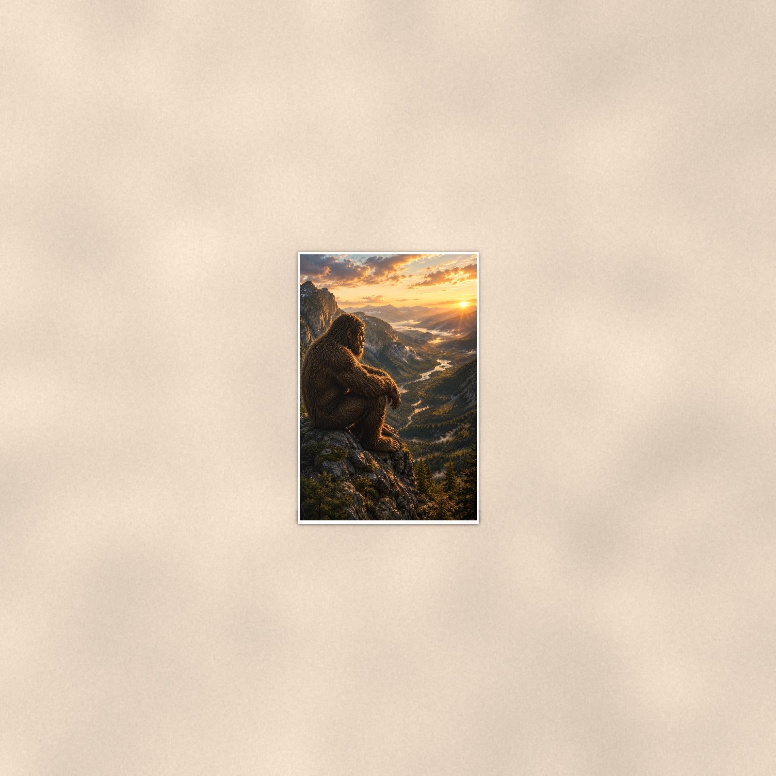 Mountain Overlook Bigfoot — 24x36 in art print poster, premium luster paper with a white border; poster seen from further back, at true 24x36 in scale on a warm wall.