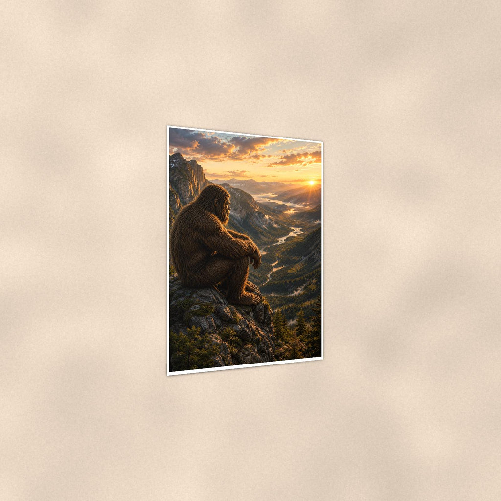Mountain Overlook Bigfoot — 24x36 in art print poster, premium luster paper with a white border; gentle three-quarter angle on a warm wall, showing the flat paper edge.