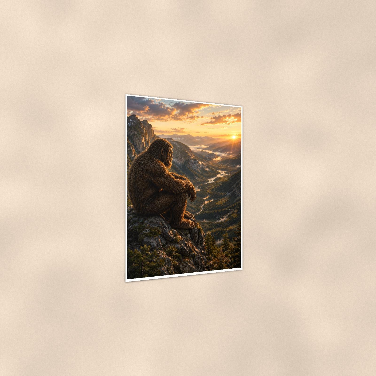 Mountain Overlook Bigfoot — 24x36 in art print poster, premium luster paper with a white border; gentle three-quarter angle on a warm wall, showing the flat paper edge.