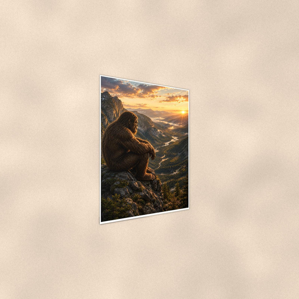Mountain Overlook Bigfoot — 24x36 in art print poster, premium luster paper with a white border; steeper three-quarter angle on a warm wall, catching the luster sheen.