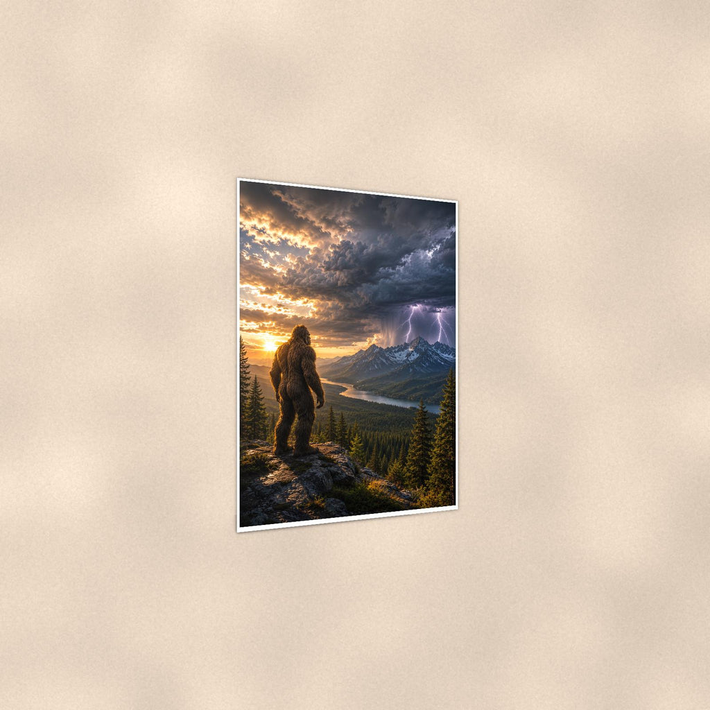 Storm Watcher Bigfoot — 24x36 in art print poster, premium luster paper with a white border; gentle three-quarter angle on a warm wall, showing the flat paper edge.
