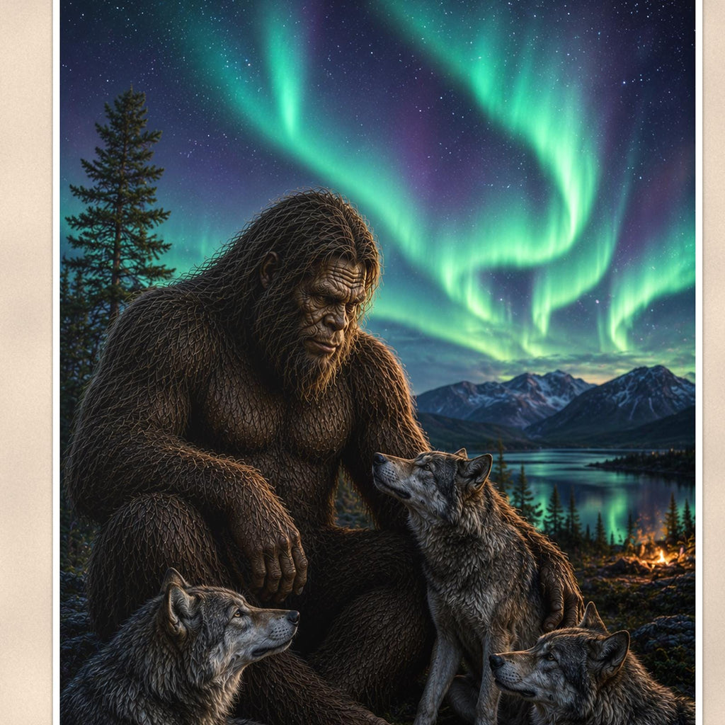 Wolf Pack Aurora Bigfoot — 24x36 in art print poster, premium luster paper with a white border; close-up framed on the main subject of the artwork, paper surface visible.