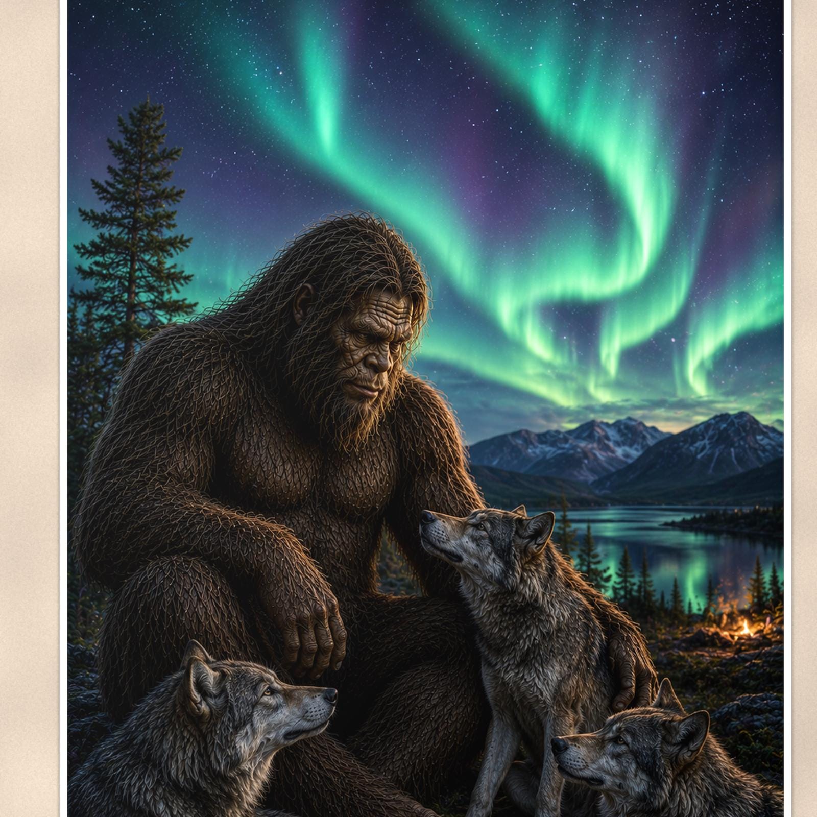 Wolf Pack Aurora Bigfoot — 24x36 in art print poster, premium luster paper with a white border; close-up framed on the main subject of the artwork, paper surface visible.